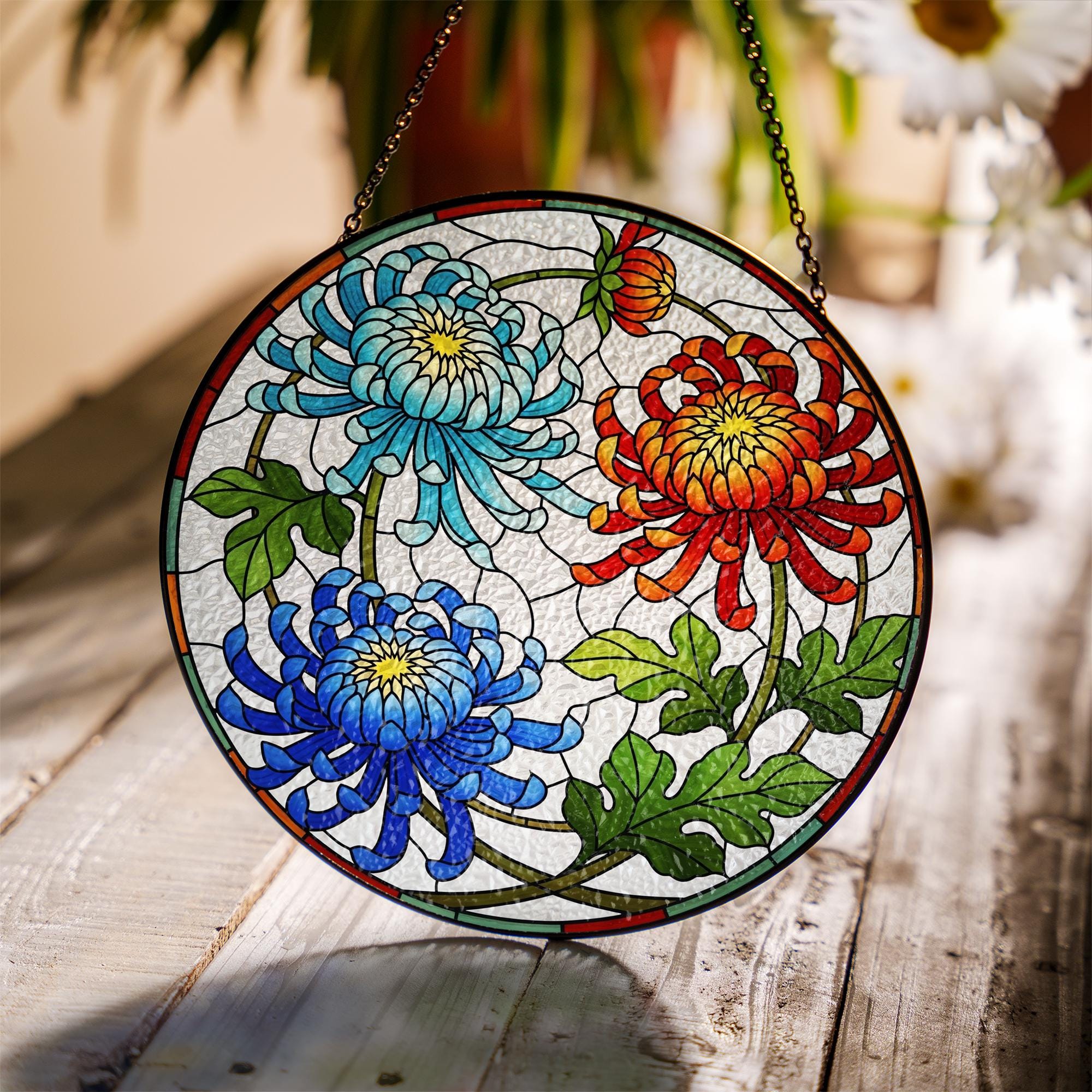 Chrysanthemum Glass Suncatcher, Colorful Floral Window Decor, Autumn Garden Gift, Botanical Sun Catcher for Flower Lovers