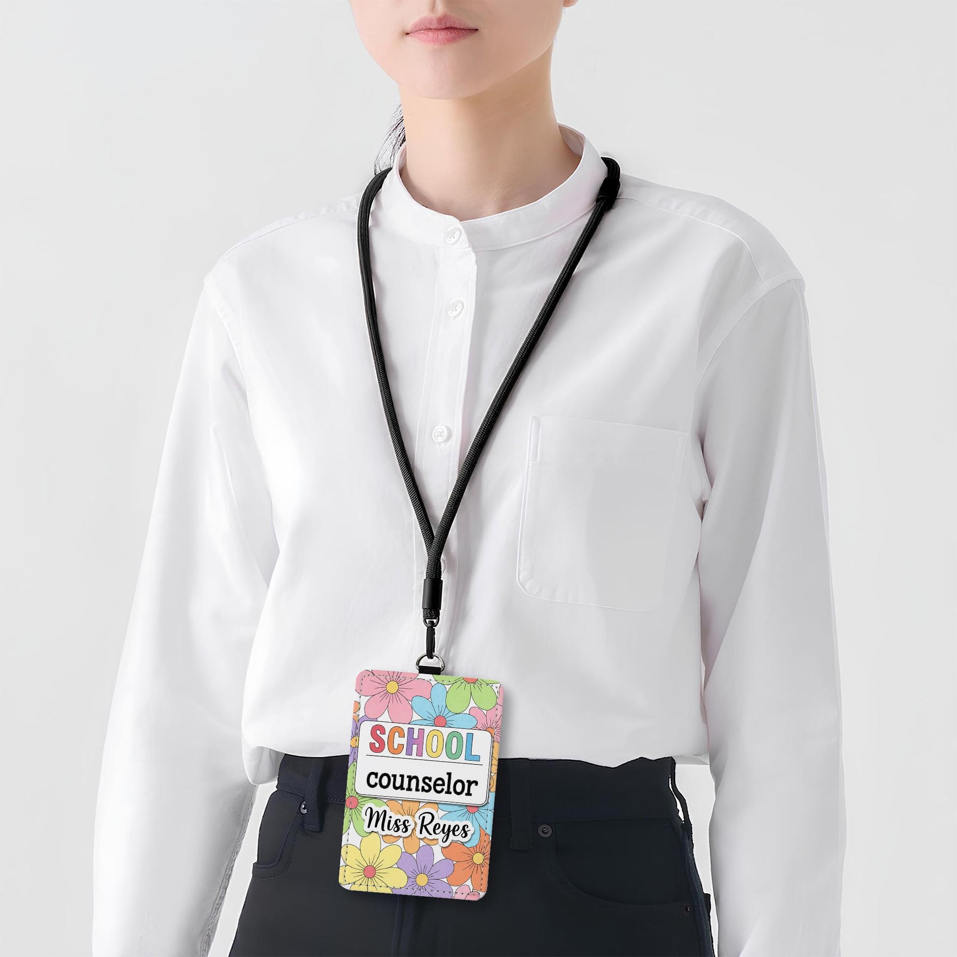 Personalized School Counselor Badge Holder, Custom Floral Name Tag, Cute ID Lanyard, Gift for Counselor, Teacher Office Accessory