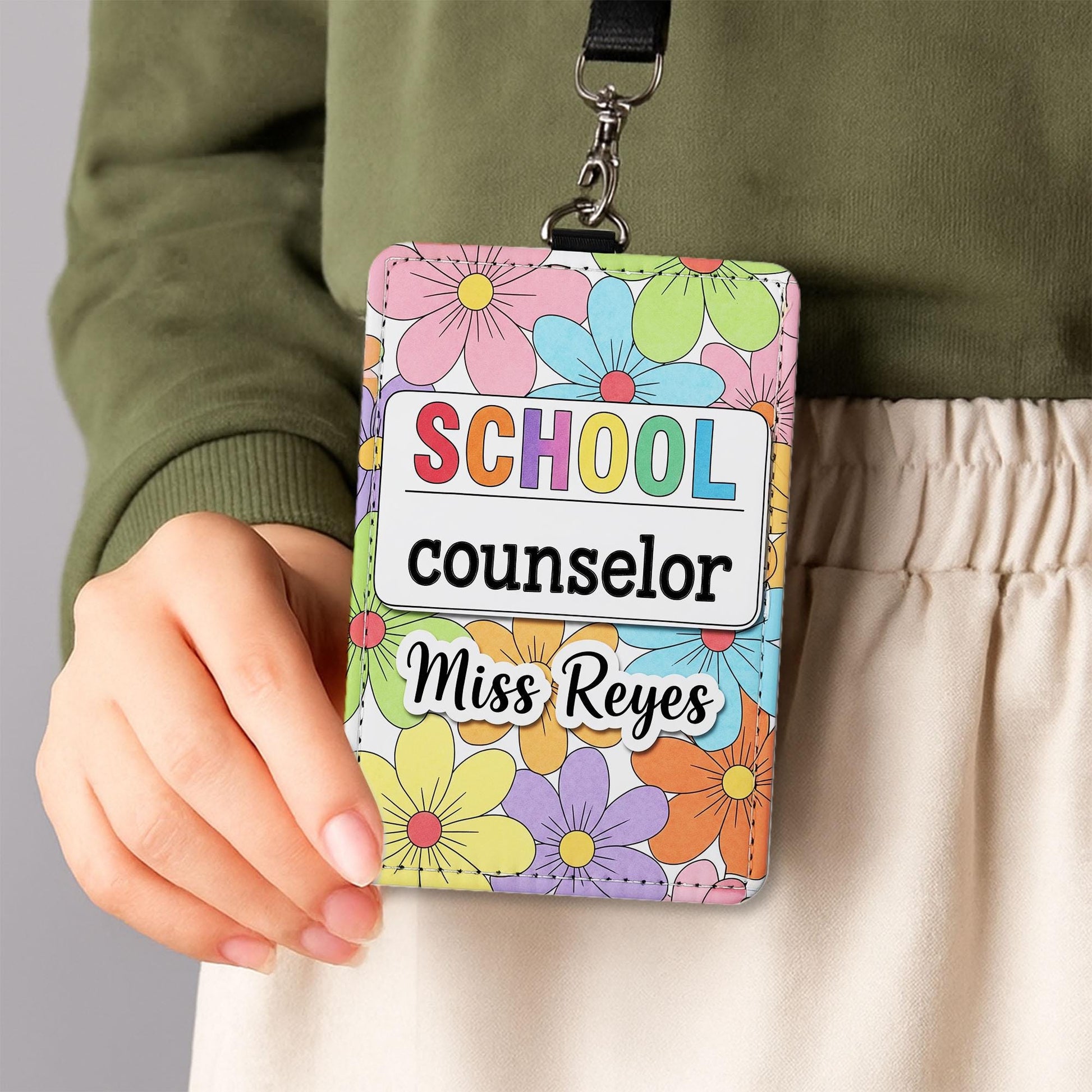 Personalized School Counselor Badge Holder, Custom Floral Name Tag, Cute ID Lanyard, Gift for Counselor, Teacher Office Accessory