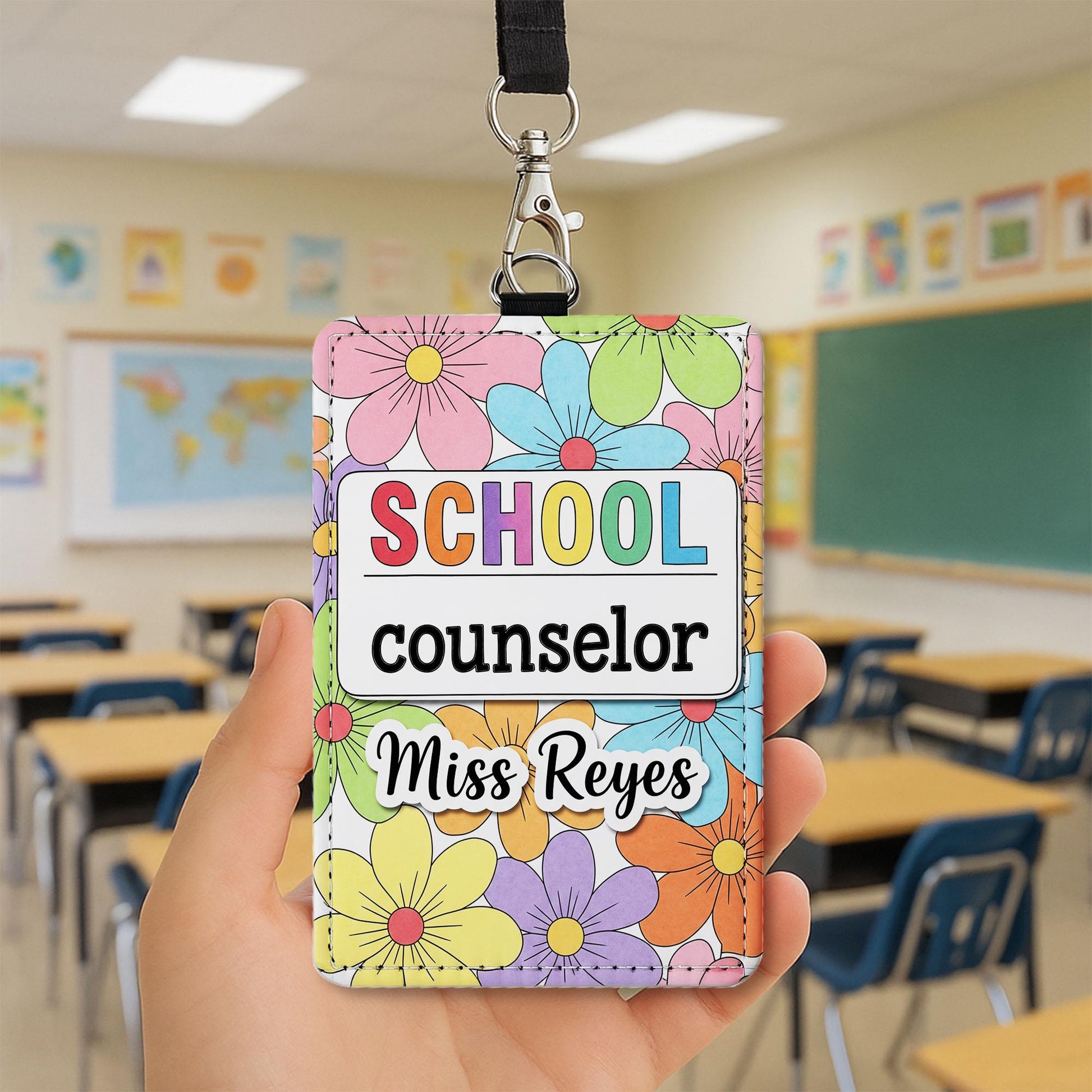 Personalized School Counselor Badge Holder, Custom Floral Name Tag, Cute ID Lanyard, Gift for Counselor, Teacher Office Accessory