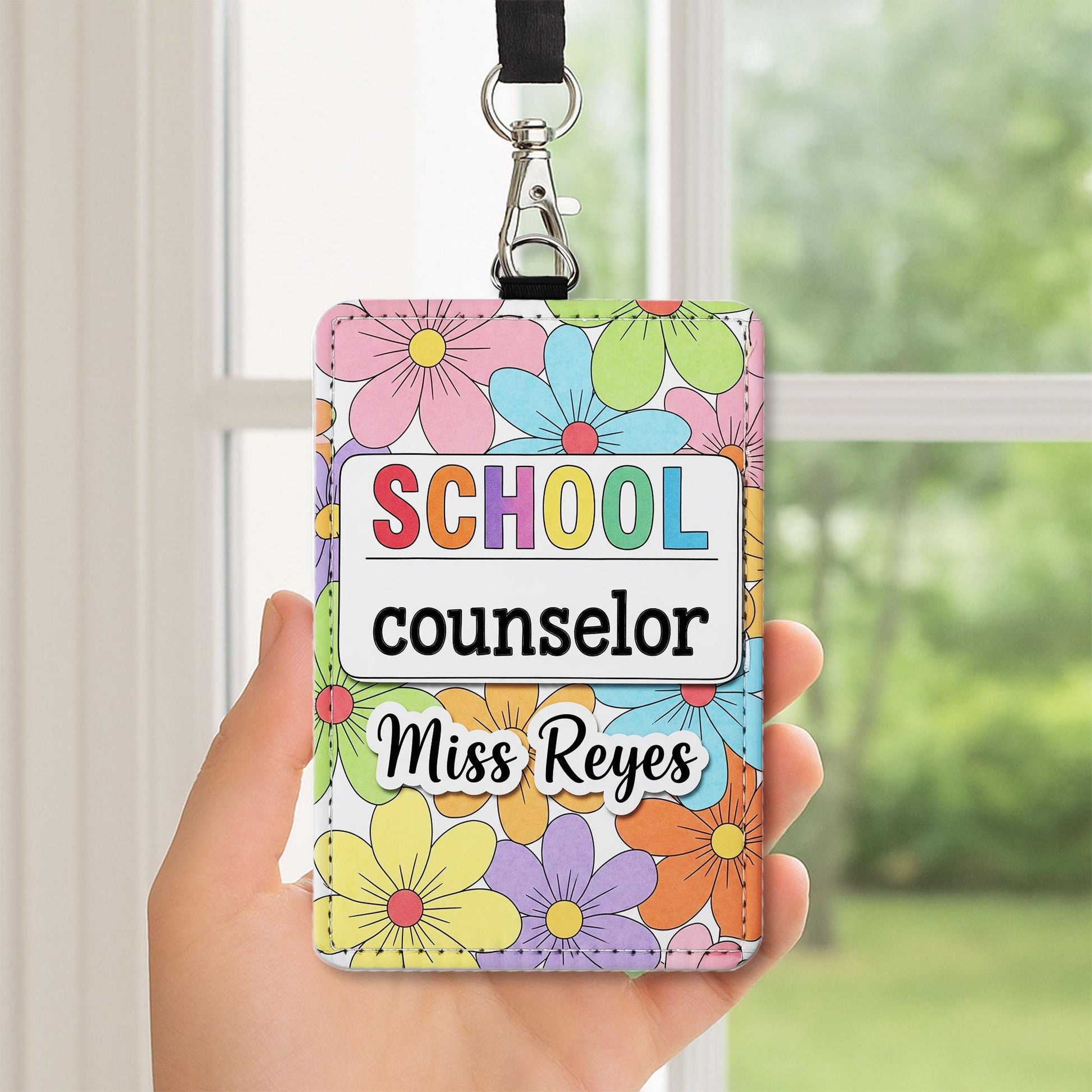 Personalized School Counselor Badge Holder, Custom Floral Name Tag, Cute ID Lanyard, Gift for Counselor, Teacher Office Accessory
