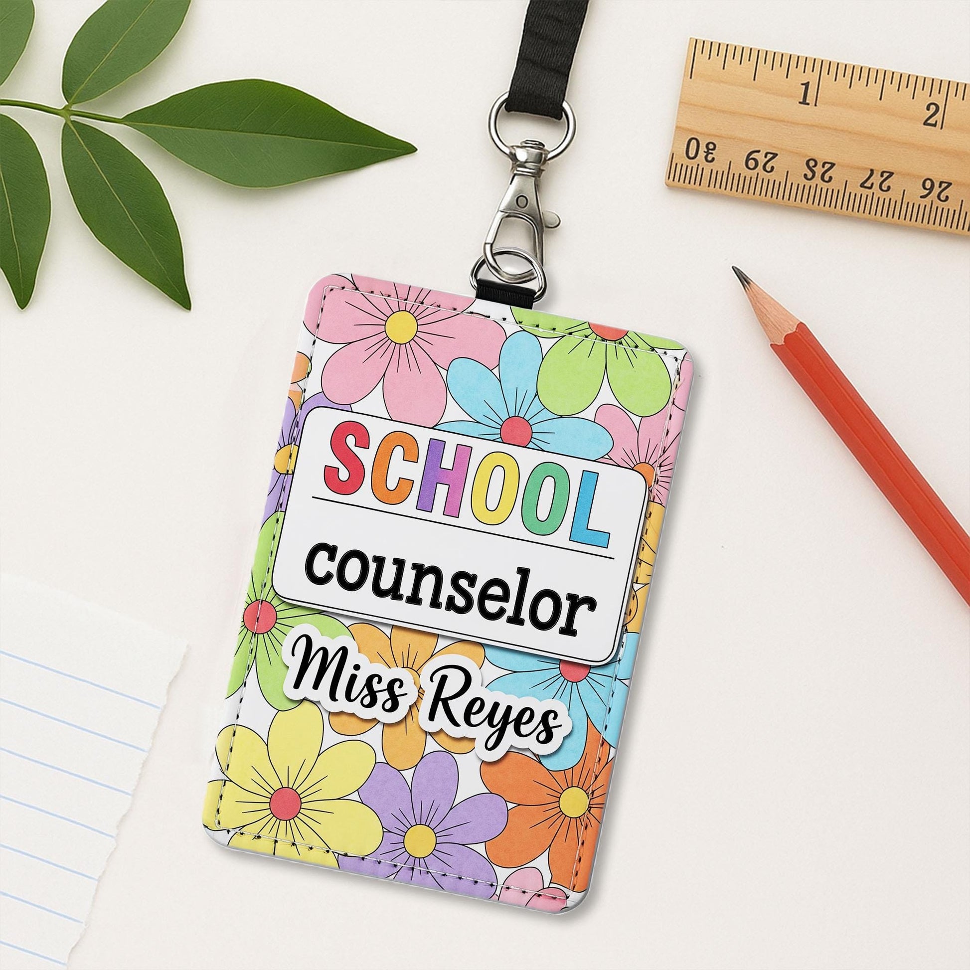 Personalized School Counselor Badge Holder, Custom Floral Name Tag, Cute ID Lanyard, Gift for Counselor, Teacher Office Accessory