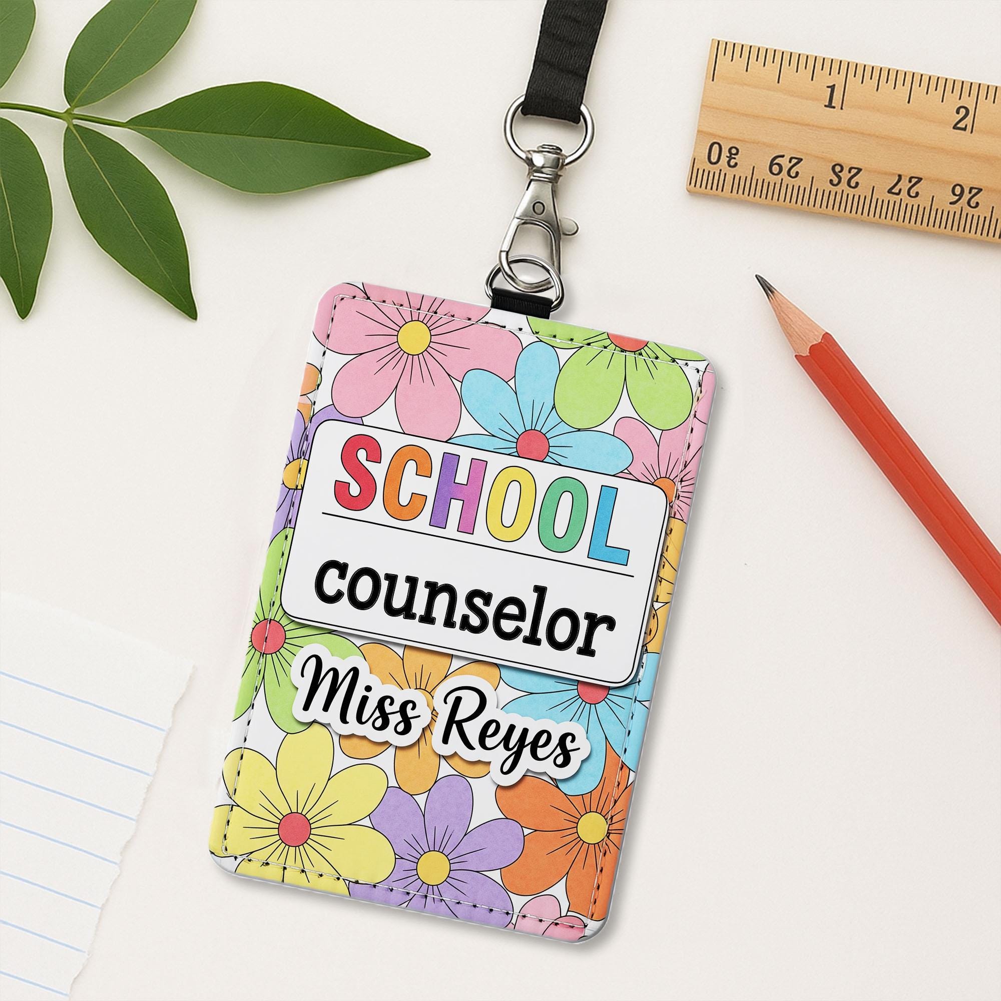 Personalized School Counselor Badge Holder, Custom Floral Name Tag, Cute ID Lanyard, Gift for Counselor, Teacher Office Accessory