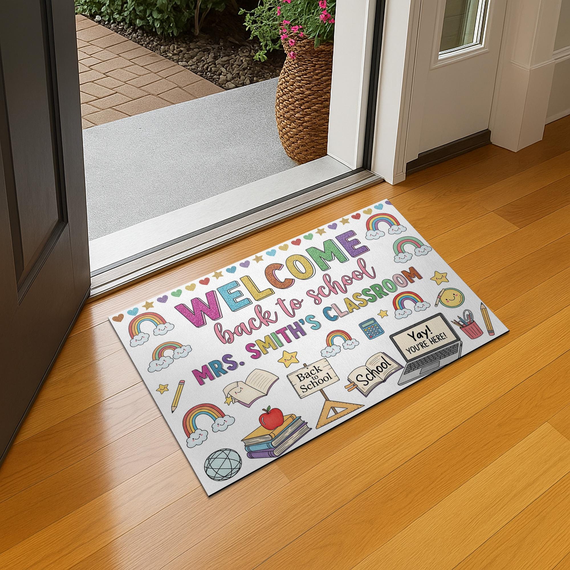 Custom Classroom Welcome Doormat, Back to School Rug, Teacher Name Door Mat, Rainbow School Decor, Personalized Teacher Gift