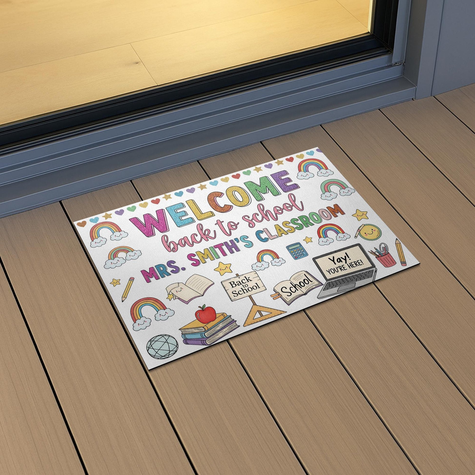 Custom Classroom Welcome Doormat, Back to School Rug, Teacher Name Door Mat, Rainbow School Decor, Personalized Teacher Gift