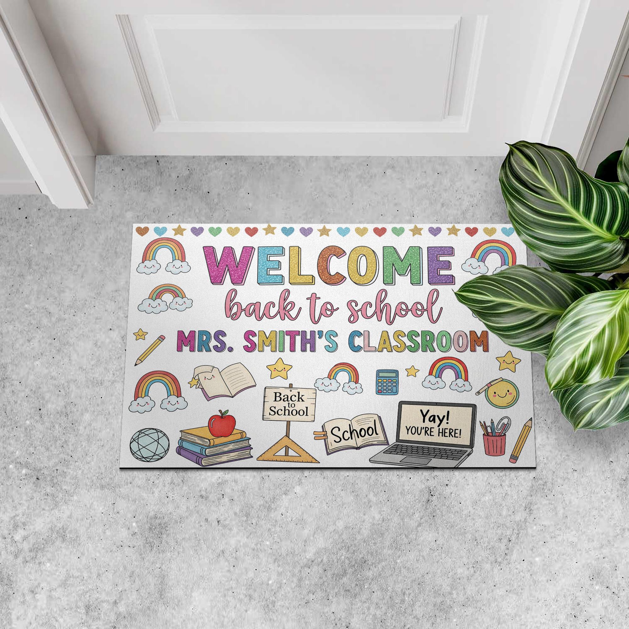 Custom Classroom Welcome Doormat, Back to School Rug, Teacher Name Door Mat, Rainbow School Decor, Personalized Teacher Gift