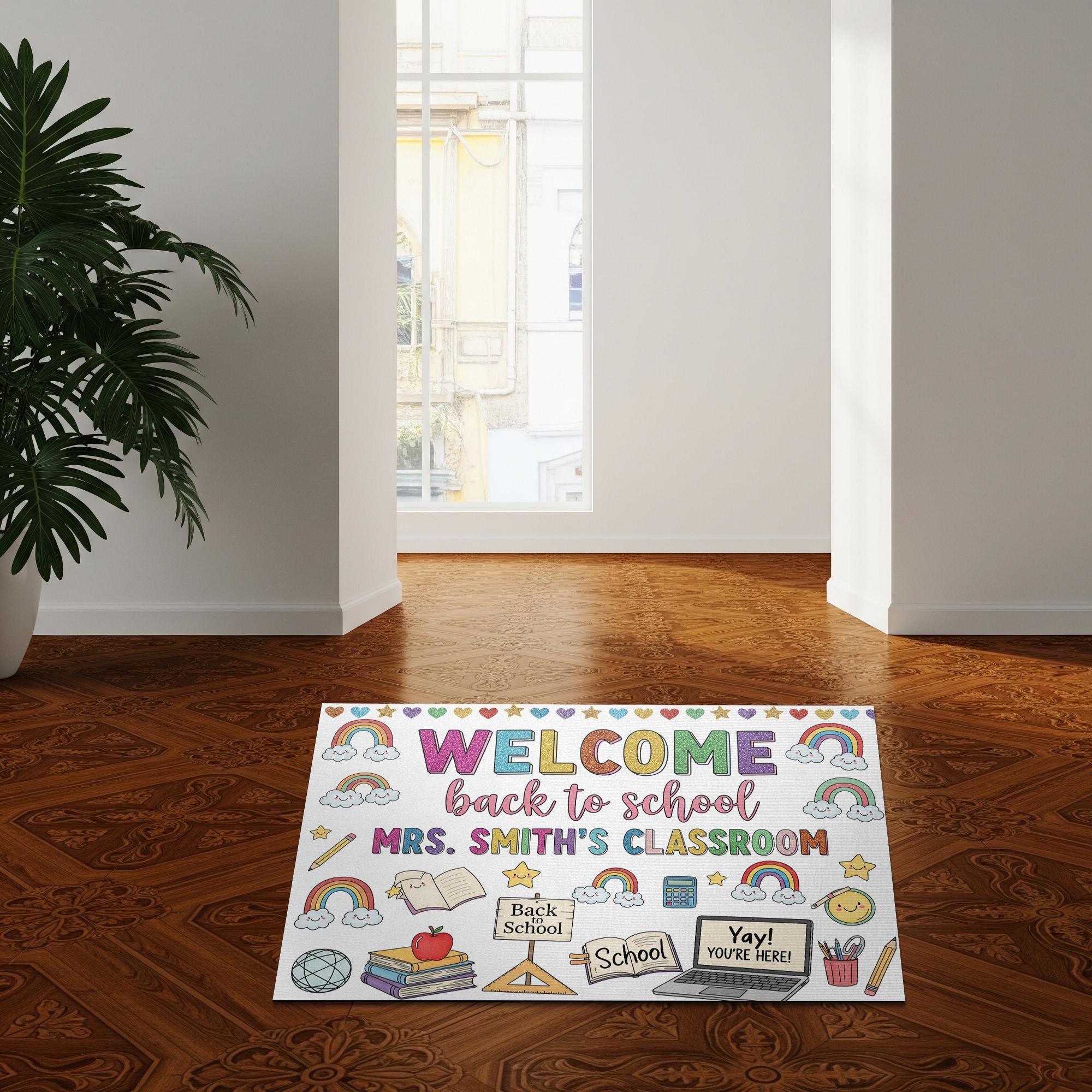 Custom Classroom Welcome Doormat, Back to School Rug, Teacher Name Door Mat, Rainbow School Decor, Personalized Teacher Gift