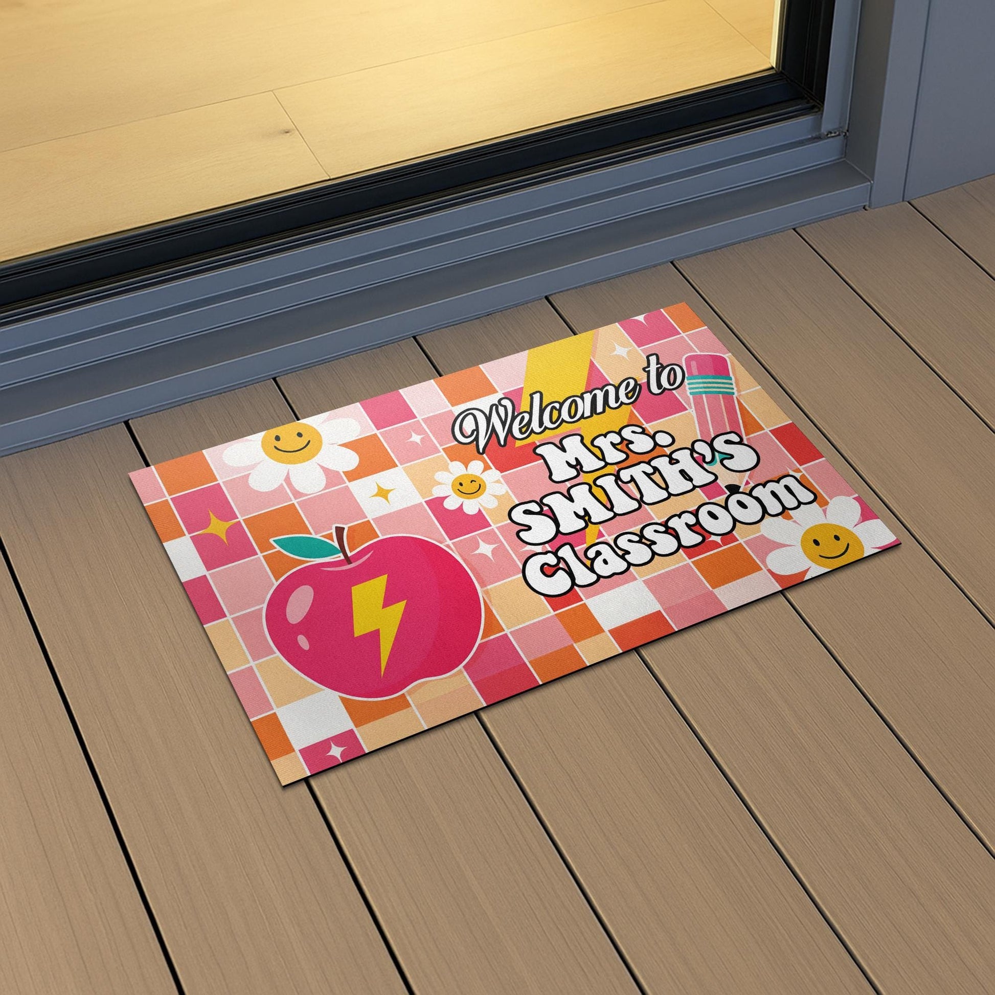 Personalized Classroom Welcome Mat – Custom Teacher Doormat with Name, Cute Apple, Pencil Design for School or Door Decor, Disco Ball Decor