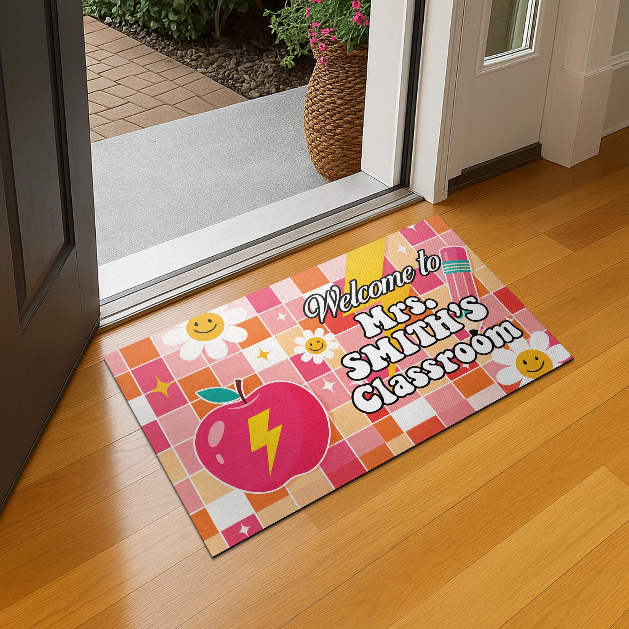 Personalized Classroom Welcome Mat – Custom Teacher Doormat with Name, Cute Apple, Pencil Design for School or Door Decor, Disco Ball Decor