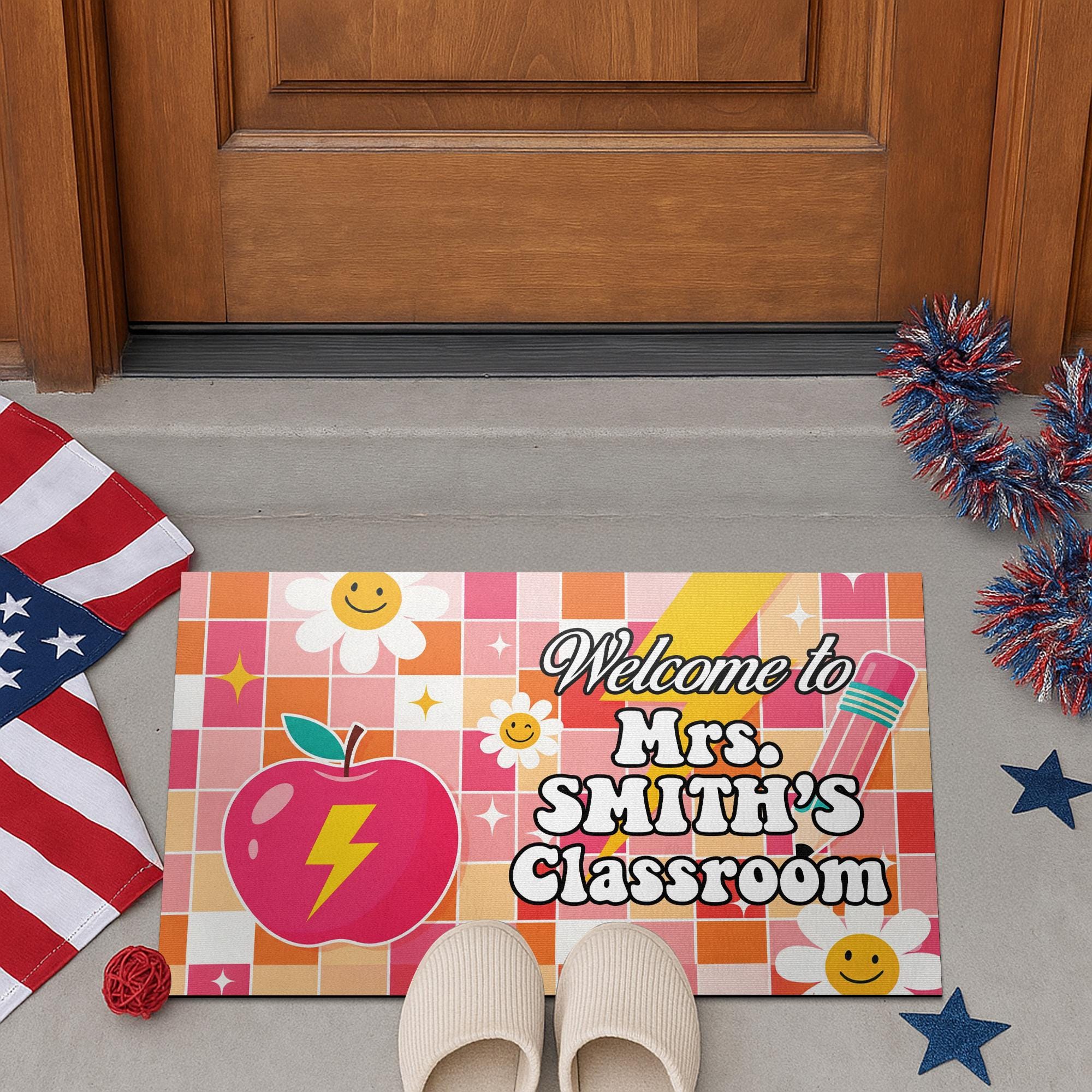 Personalized Classroom Welcome Mat – Custom Teacher Doormat with Name, Cute Apple, Pencil Design for School or Door Decor, Disco Ball Decor