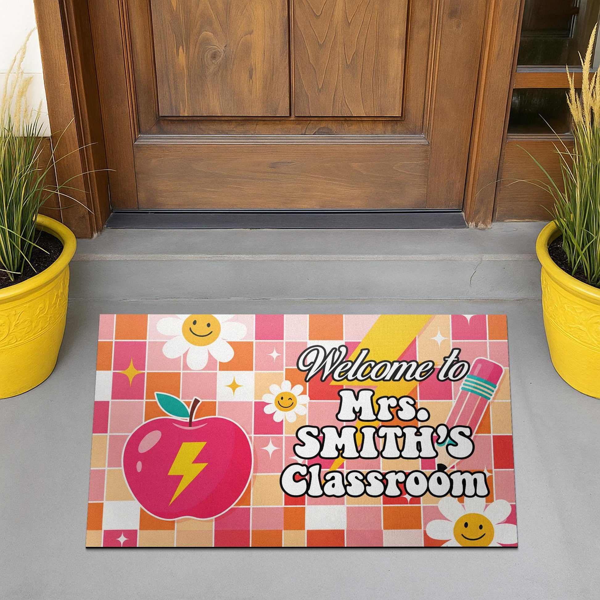 Personalized Classroom Welcome Mat – Custom Teacher Doormat with Name, Cute Apple, Pencil Design for School or Door Decor, Disco Ball Decor
