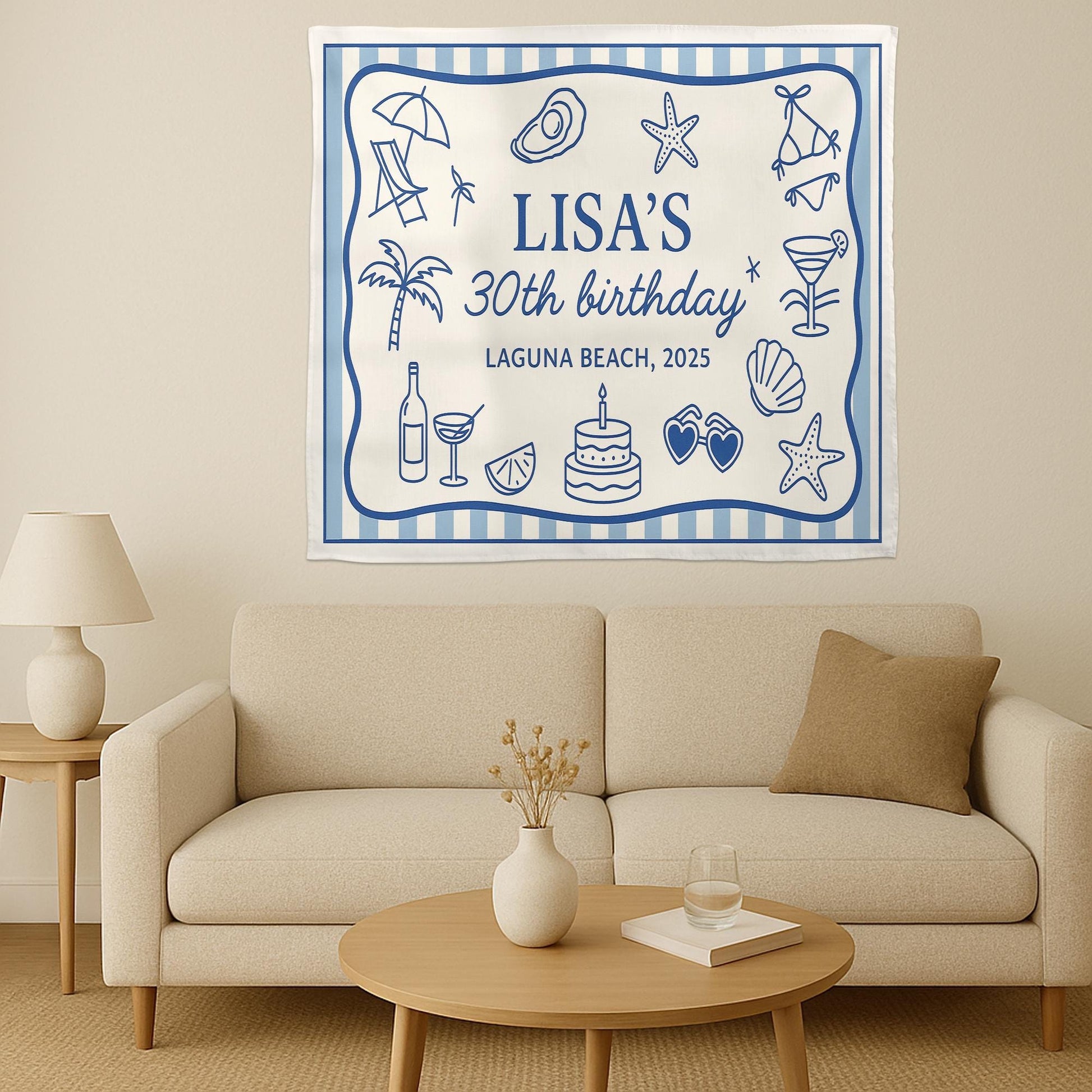 Custom Birthday Tapestry, Summer Beach Party Banner, Personalized Name Sign, th Birthday Decor, Laguna Beach Themed Backdrop