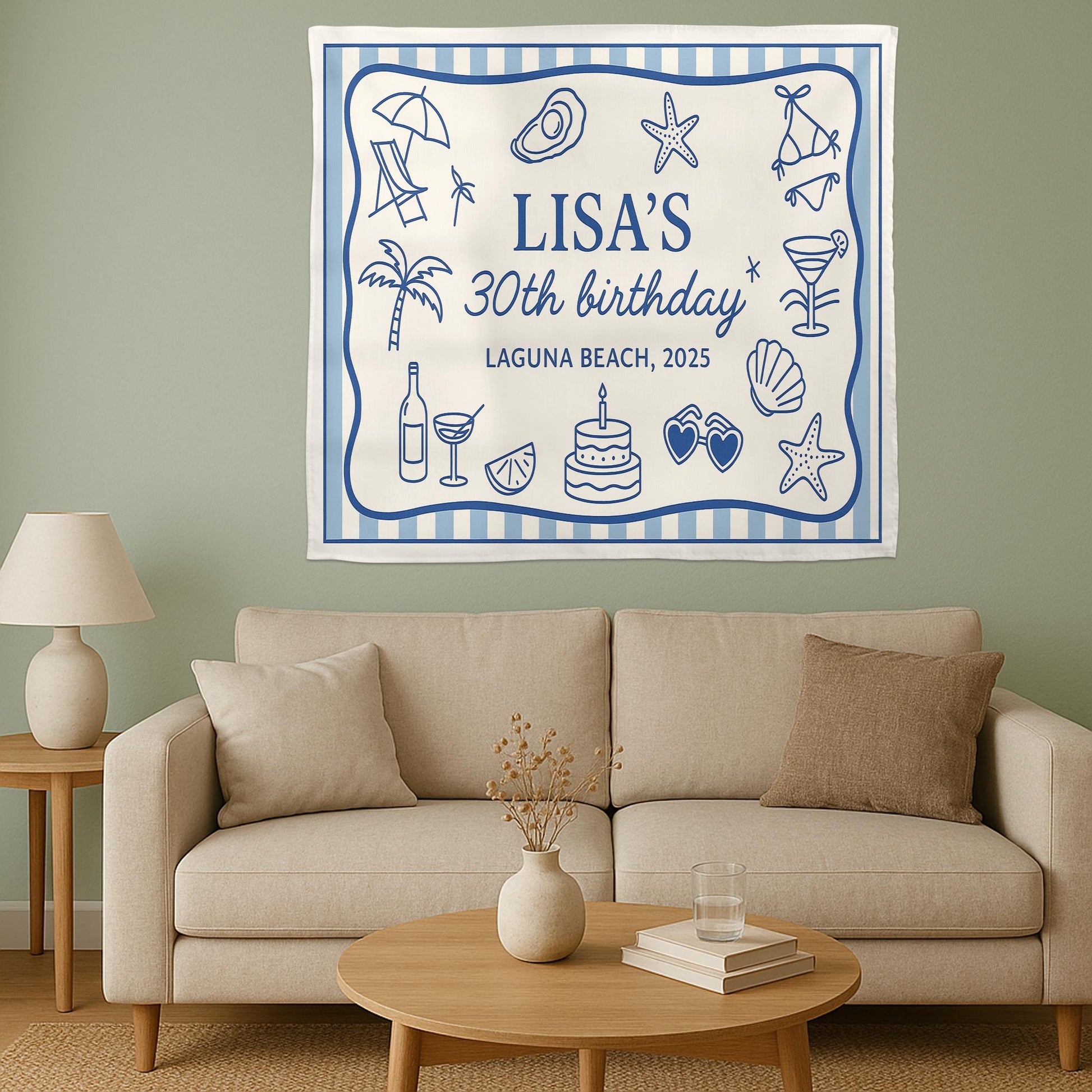 Custom Birthday Tapestry, Summer Beach Party Banner, Personalized Name Sign, th Birthday Decor, Laguna Beach Themed Backdrop