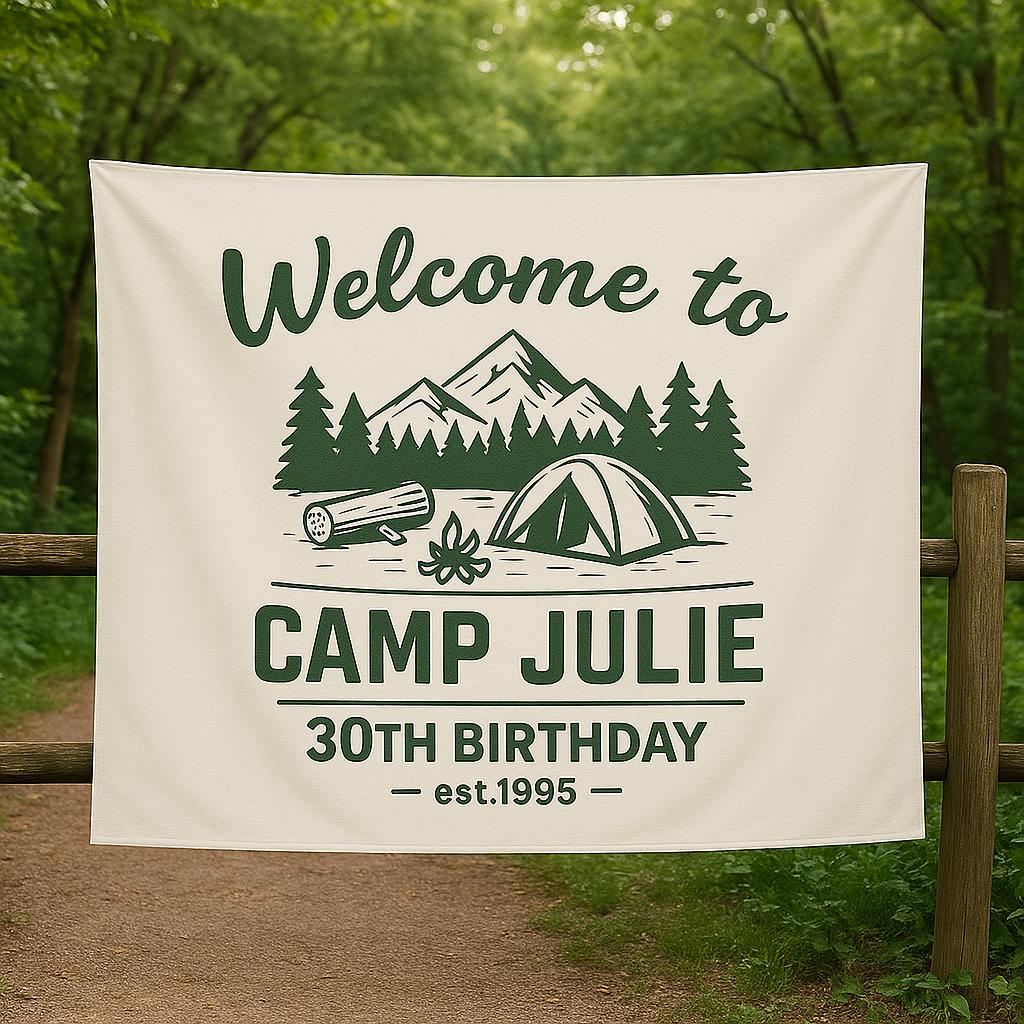 Custom Camp Birthday Tapestry, Camping Party Tapestry, Welcome to Camp Name Sign, Outdoor Birthday Decor, Rustic Tent Theme Backdrop