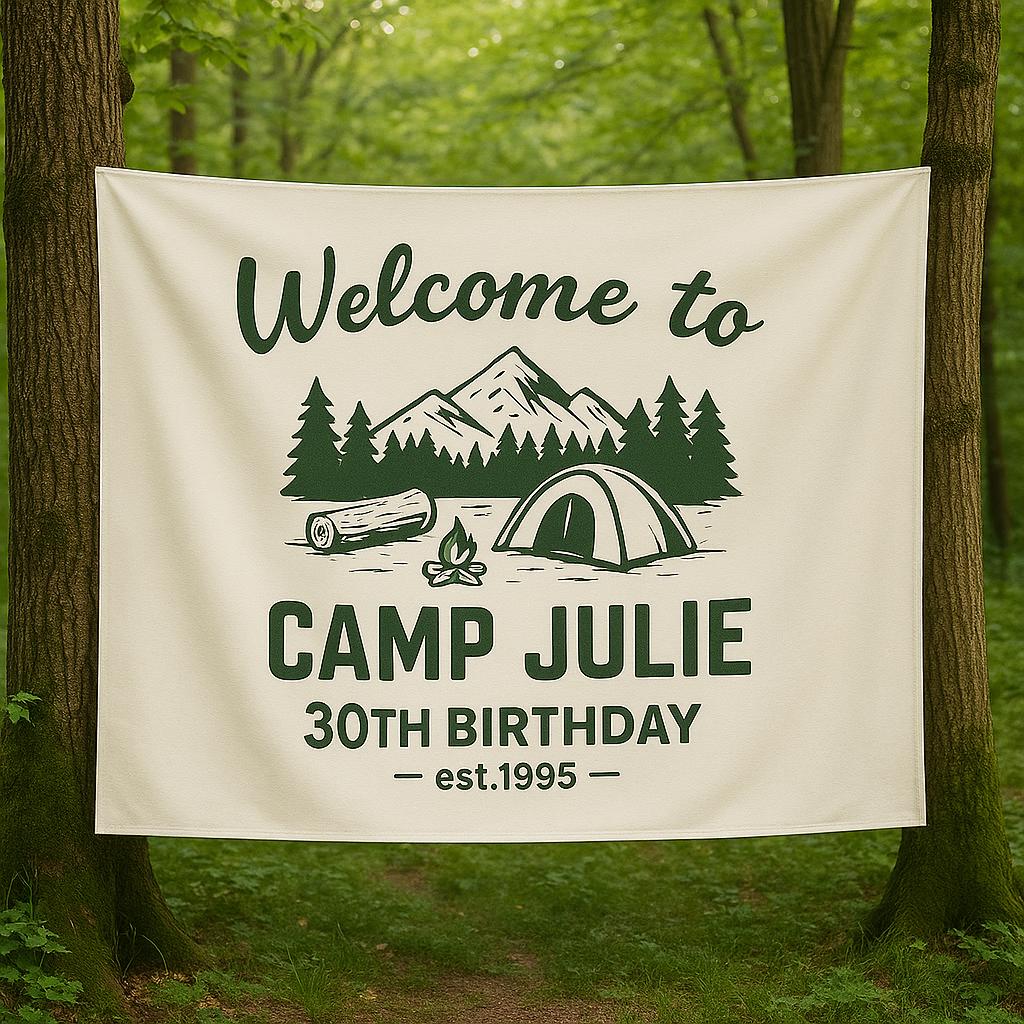 Custom Camp Birthday Tapestry, Camping Party Tapestry, Welcome to Camp Name Sign, Outdoor Birthday Decor, Rustic Tent Theme Backdrop