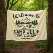 Custom Camp Birthday Tapestry, Camping Party Tapestry, Welcome to Camp Name Sign, Outdoor Birthday Decor, Rustic Tent Theme Backdrop
