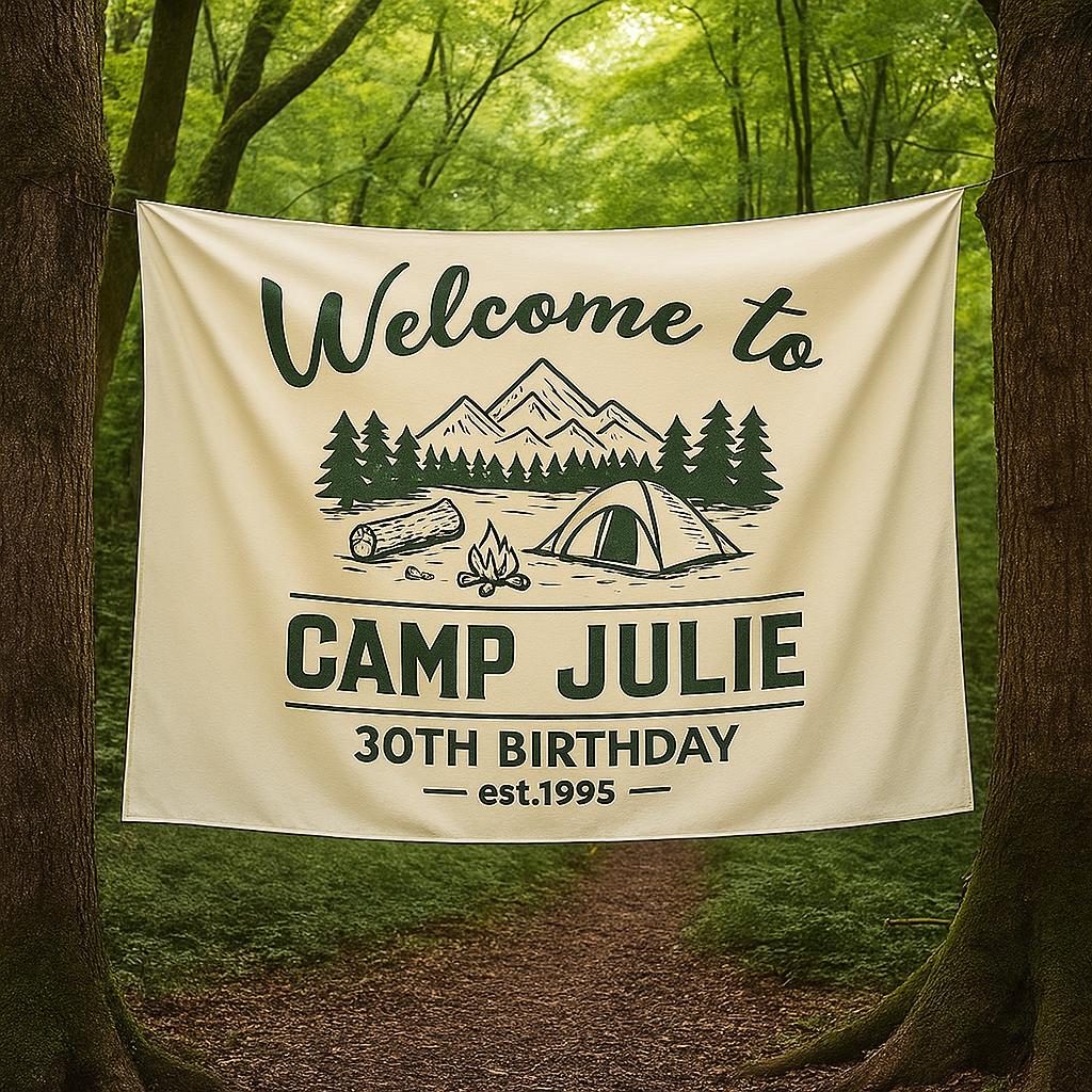 Custom Camp Birthday Tapestry, Camping Party Tapestry, Welcome to Camp Name Sign, Outdoor Birthday Decor, Rustic Tent Theme Backdrop