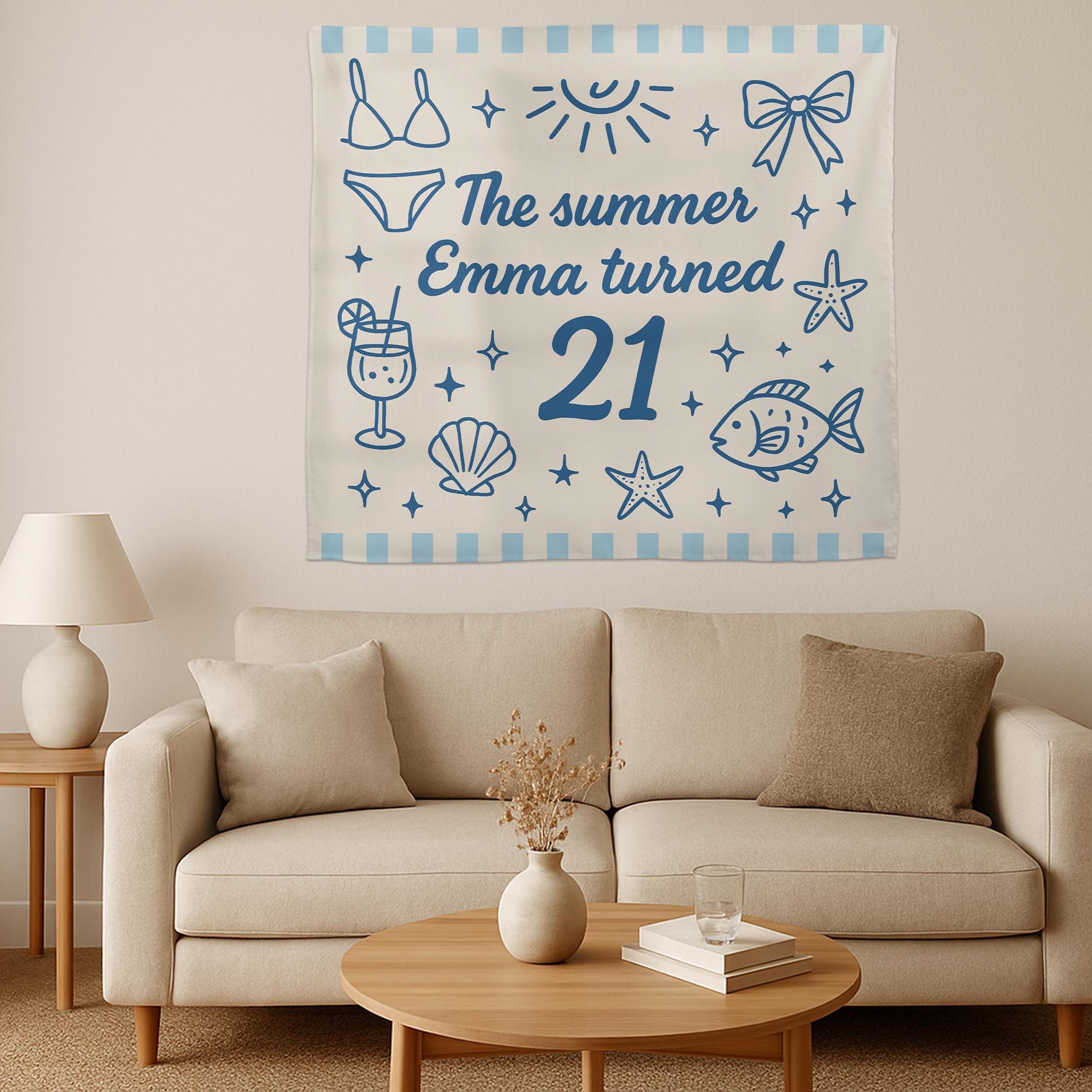 Custom Birthday Tapestry, Summer Beach Party Backdrop, Personalized Name Banner, Fun Bikini and Ocean Themed Wall Decor