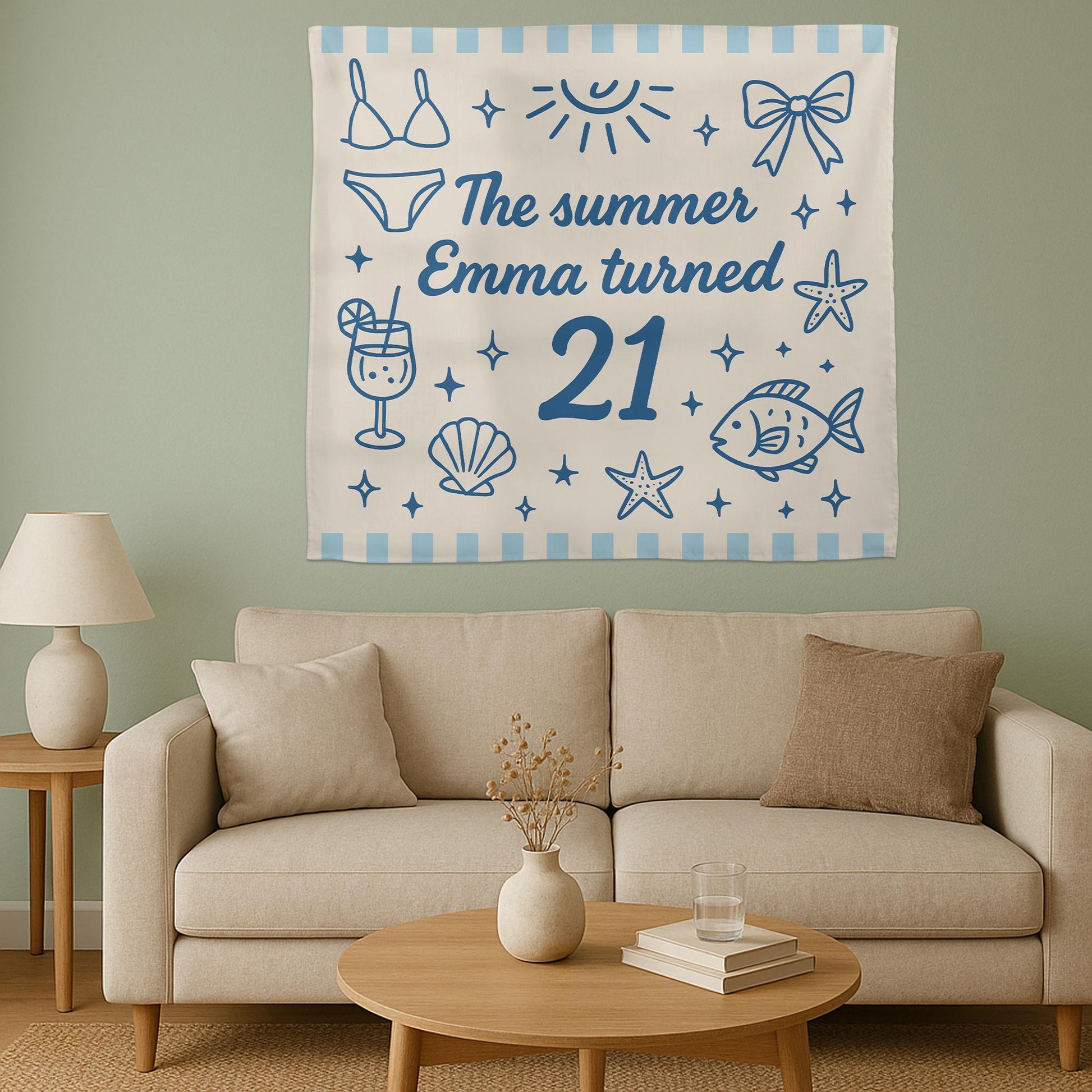 Custom Birthday Tapestry, Summer Beach Party Backdrop, Personalized Name Banner, Fun Bikini and Ocean Themed Wall Decor