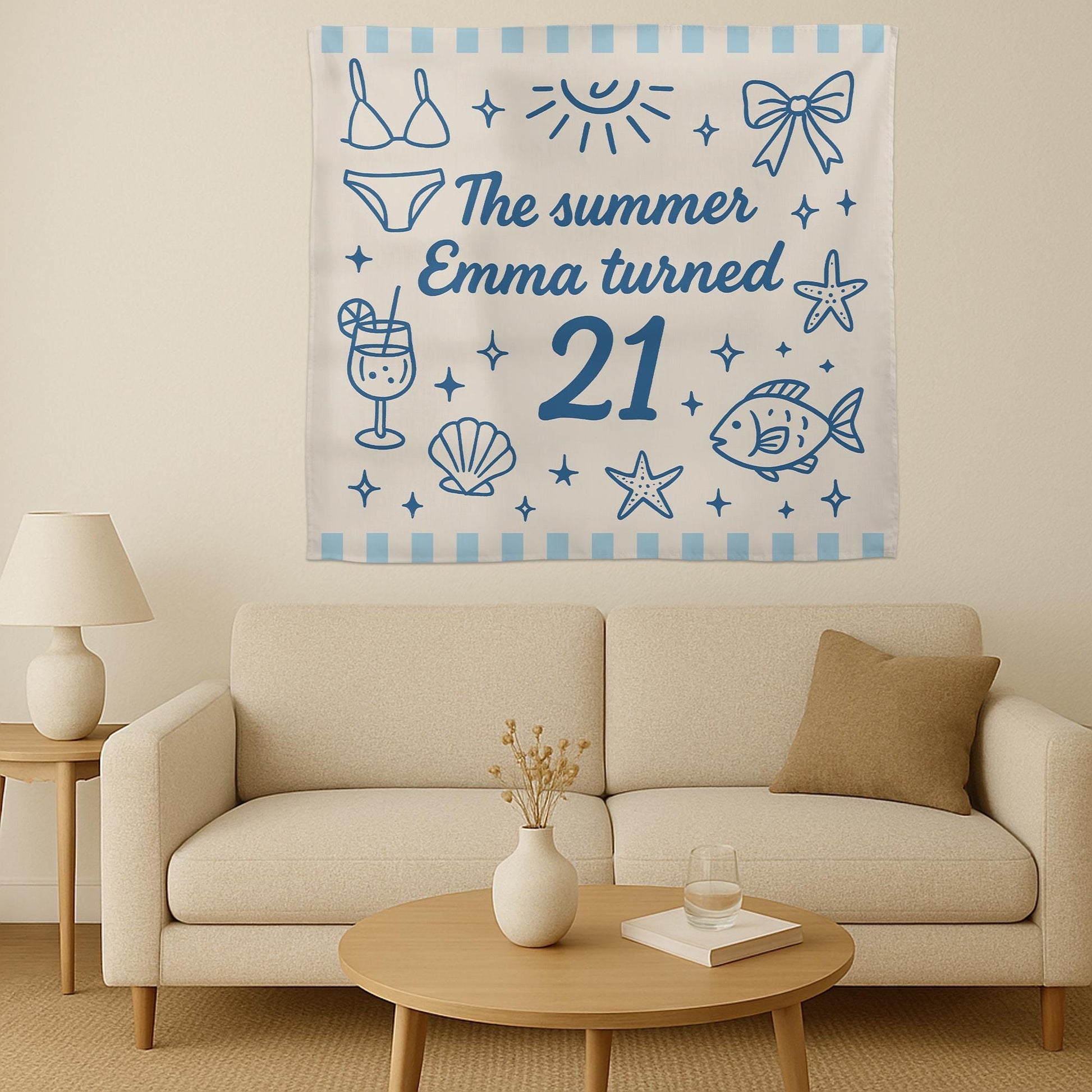 Custom Birthday Tapestry, Summer Beach Party Backdrop, Personalized Name Banner, Fun Bikini and Ocean Themed Wall Decor