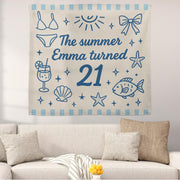 Custom Birthday Tapestry, Summer Beach Party Backdrop, Personalized Name Banner, Fun Bikini and Ocean Themed Wall Decor