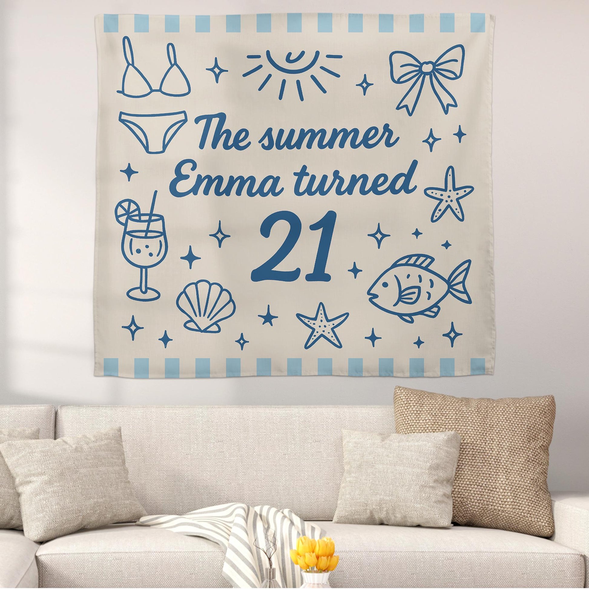 Custom Birthday Tapestry, Summer Beach Party Backdrop, Personalized Name Banner, Fun Bikini and Ocean Themed Wall Decor