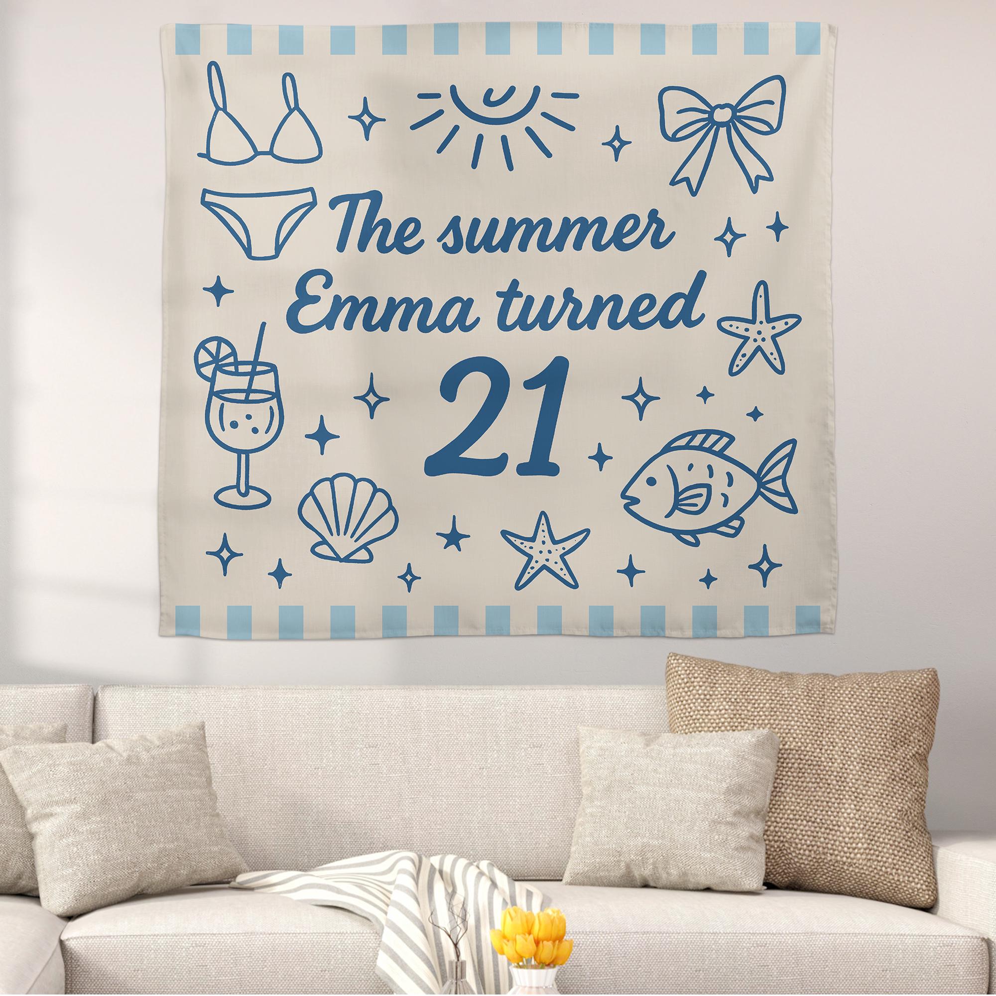 Custom Birthday Tapestry, Summer Beach Party Backdrop, Personalized Name Banner, Fun Bikini and Ocean Themed Wall Decor