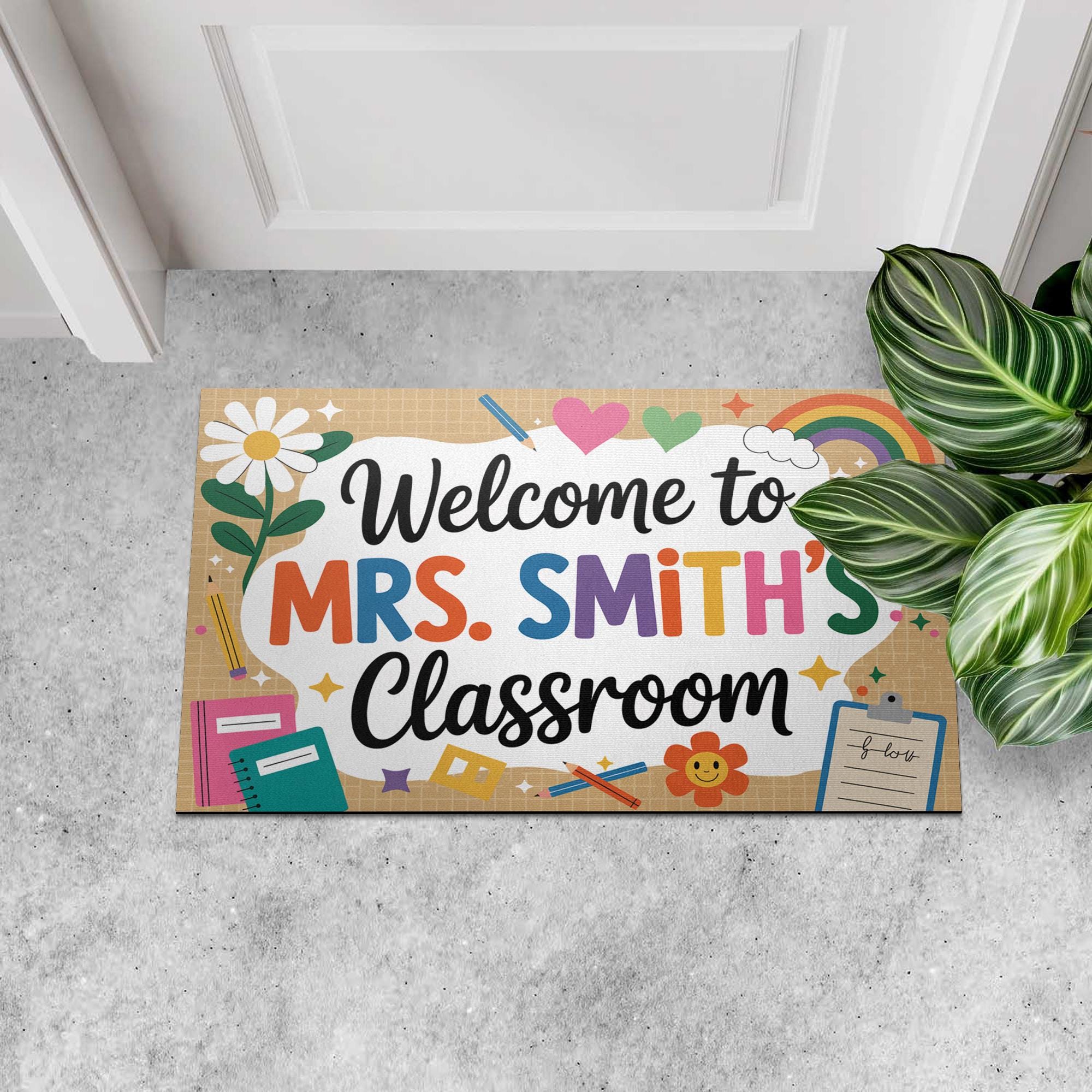 Personalized Classroom Welcome Mat, Colorful Teacher Doormat with Name, Hearts, Rainbow Design, Cute School Entry Decor Gift, Back To School
