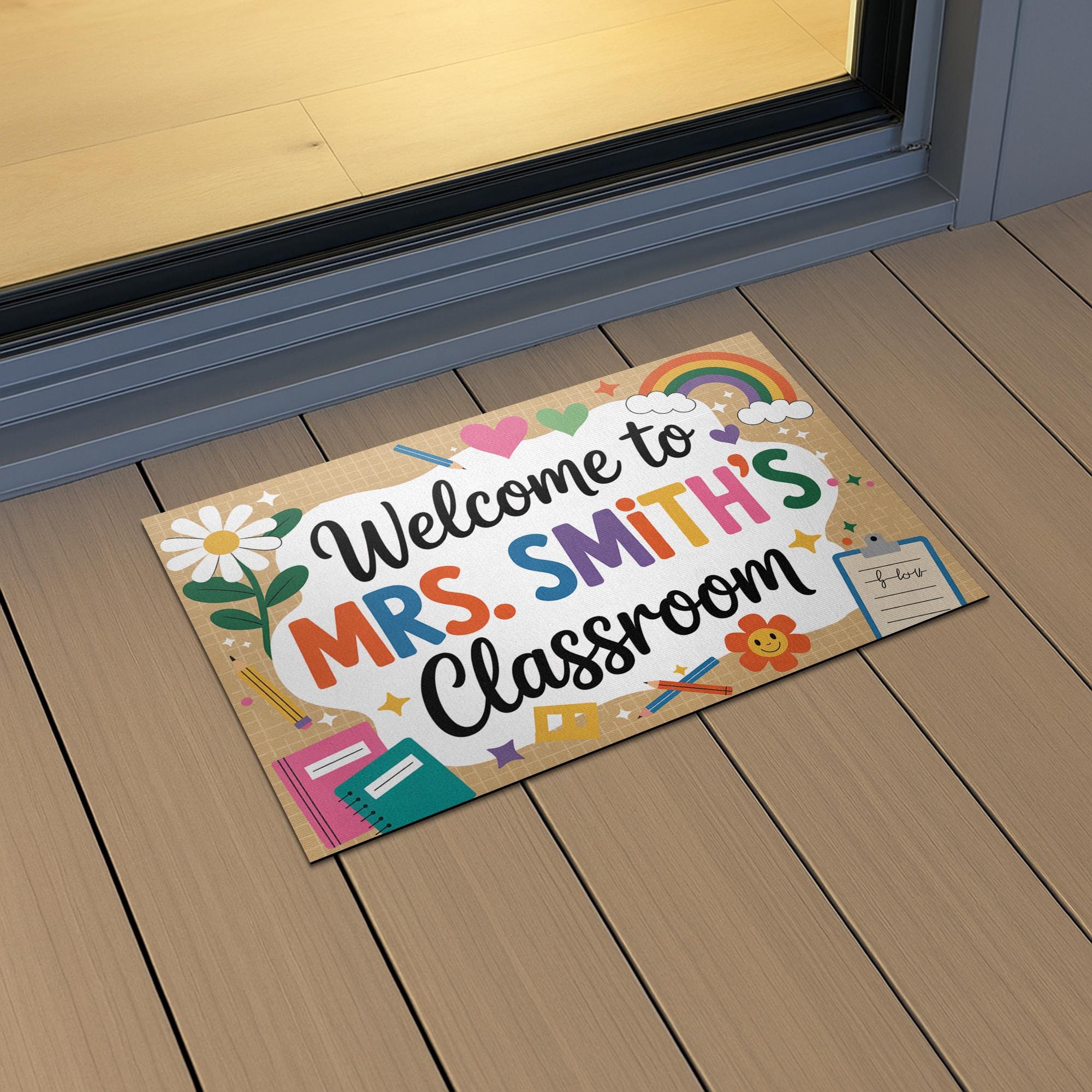Personalized Classroom Welcome Mat, Colorful Teacher Doormat with Name, Hearts, Rainbow Design, Cute School Entry Decor Gift, Back To School