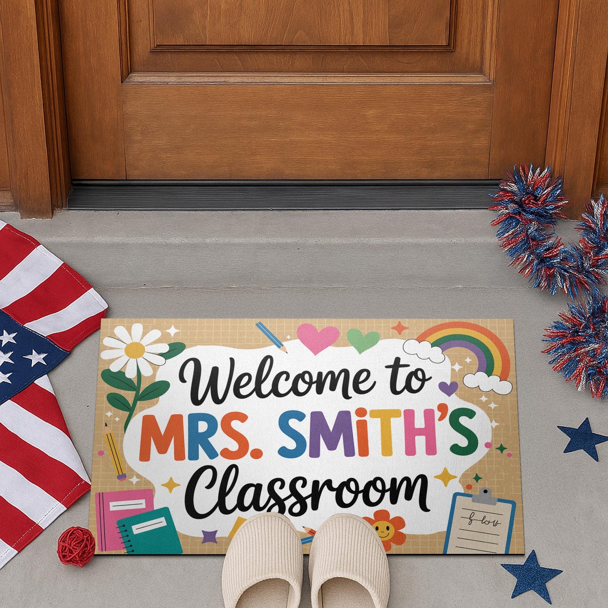 Personalized Classroom Welcome Mat, Colorful Teacher Doormat with Name, Hearts, Rainbow Design, Cute School Entry Decor Gift, Back To School