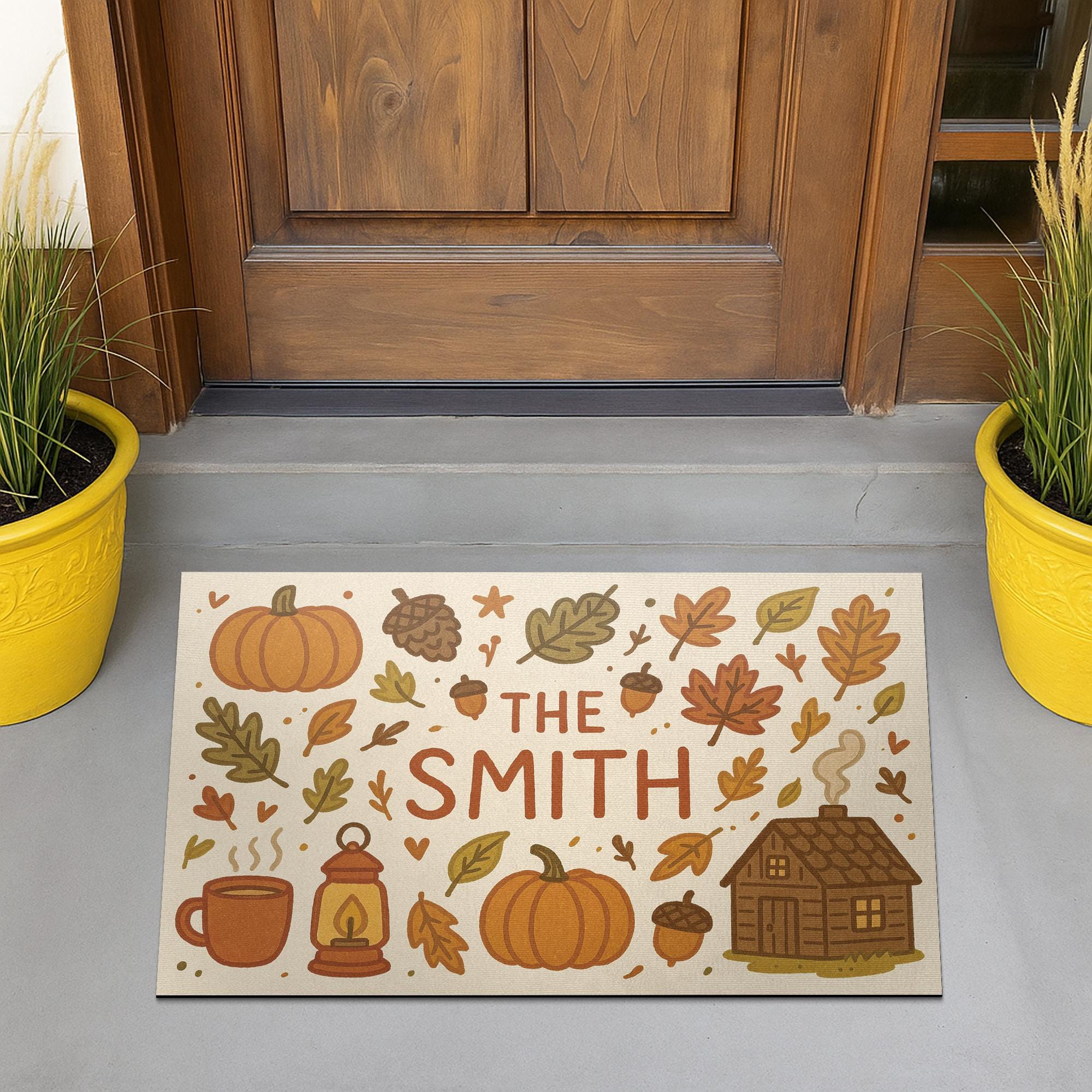 Custom Fall Doormat, Personalized Autumn Welcome Mat with Family Name, Pumpkin and Cabin Decor, Rustic Front Porch Mat