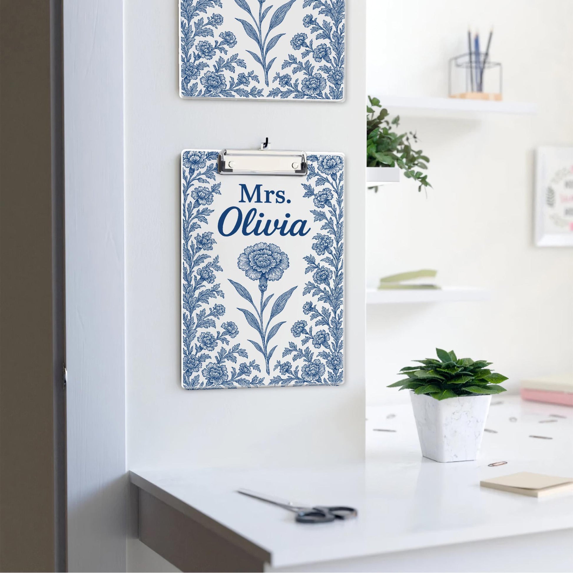 Personalized Clipboard for Teacher - Blue Chinoiserie Birth Flower Design - Custom Name Acrylic Clipboard - Floral Gift for Nurse, Educator