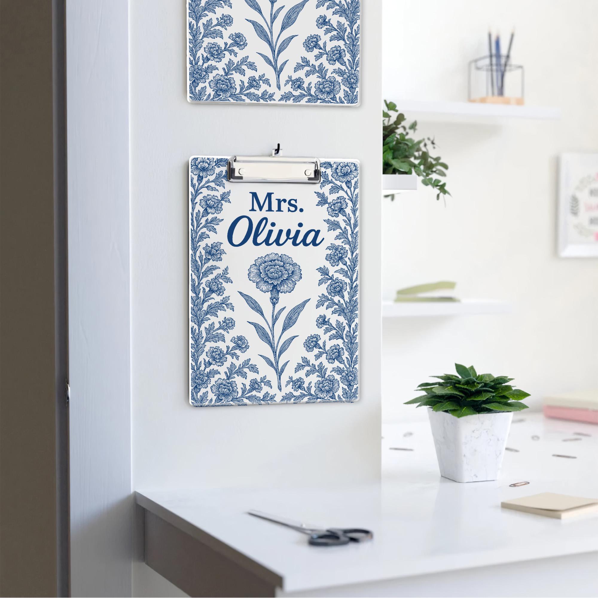 Personalized Clipboard for Teacher - Blue Chinoiserie Birth Flower Design - Custom Name Acrylic Clipboard - Floral Gift for Nurse, Educator