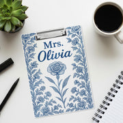 Personalized Clipboard for Teacher - Blue Chinoiserie Birth Flower Design - Custom Name Acrylic Clipboard - Floral Gift for Nurse, Educator