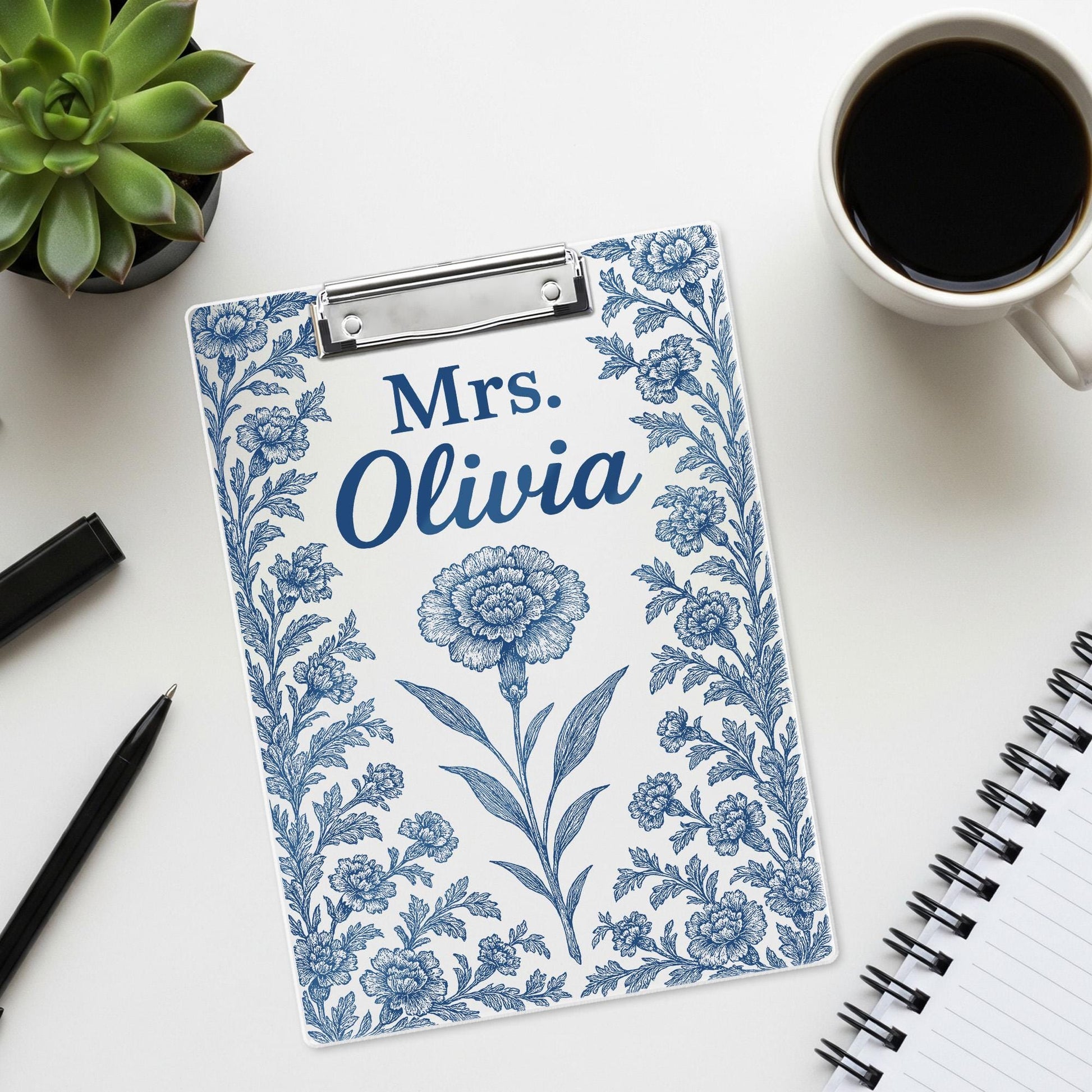 Personalized Clipboard for Teacher - Blue Chinoiserie Birth Flower Design - Custom Name Acrylic Clipboard - Floral Gift for Nurse, Educator