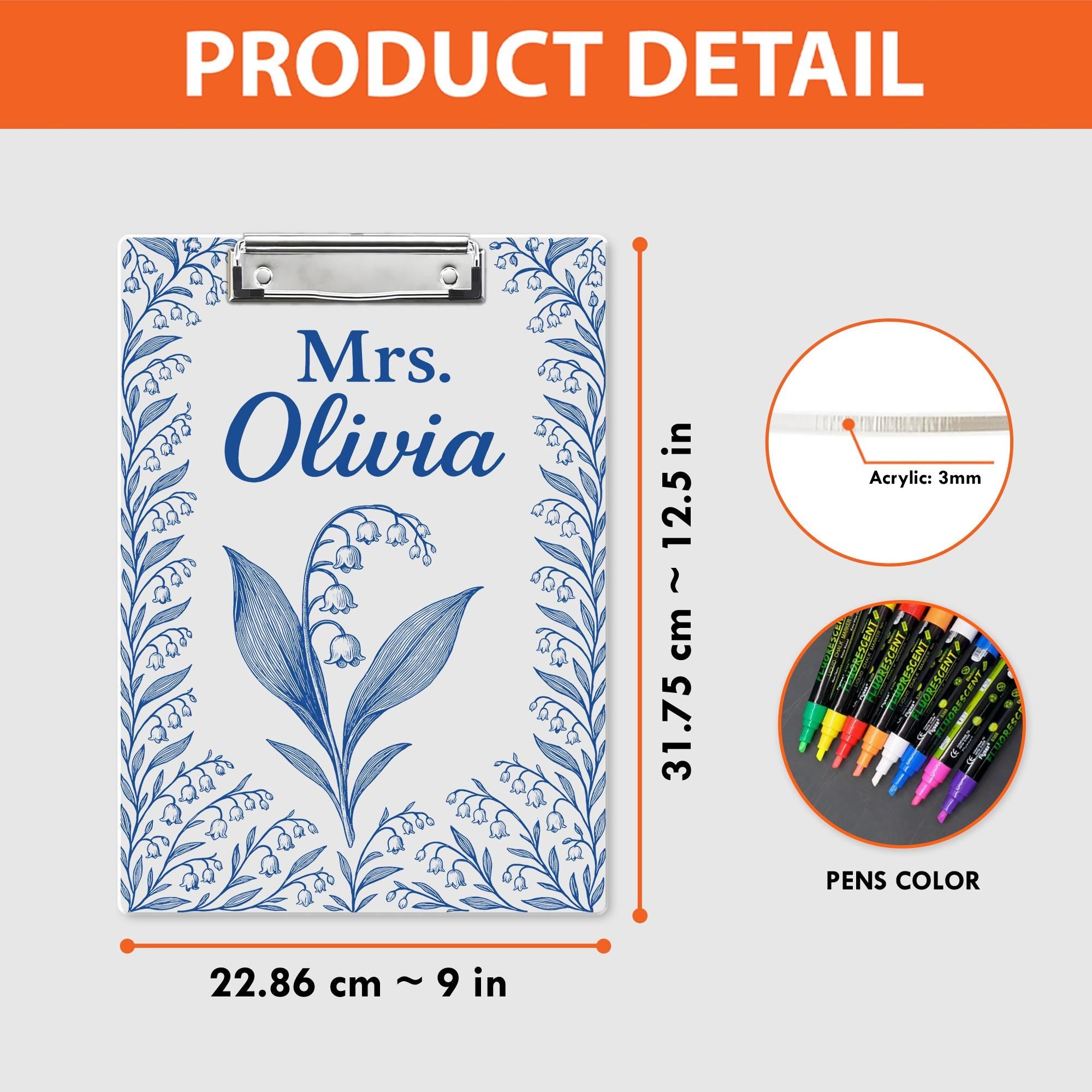 Personalized Clipboard for Teacher - Blue Chinoiserie Birth Flower Design - Custom Name Acrylic Clipboard - Floral Gift for Nurse, Educator