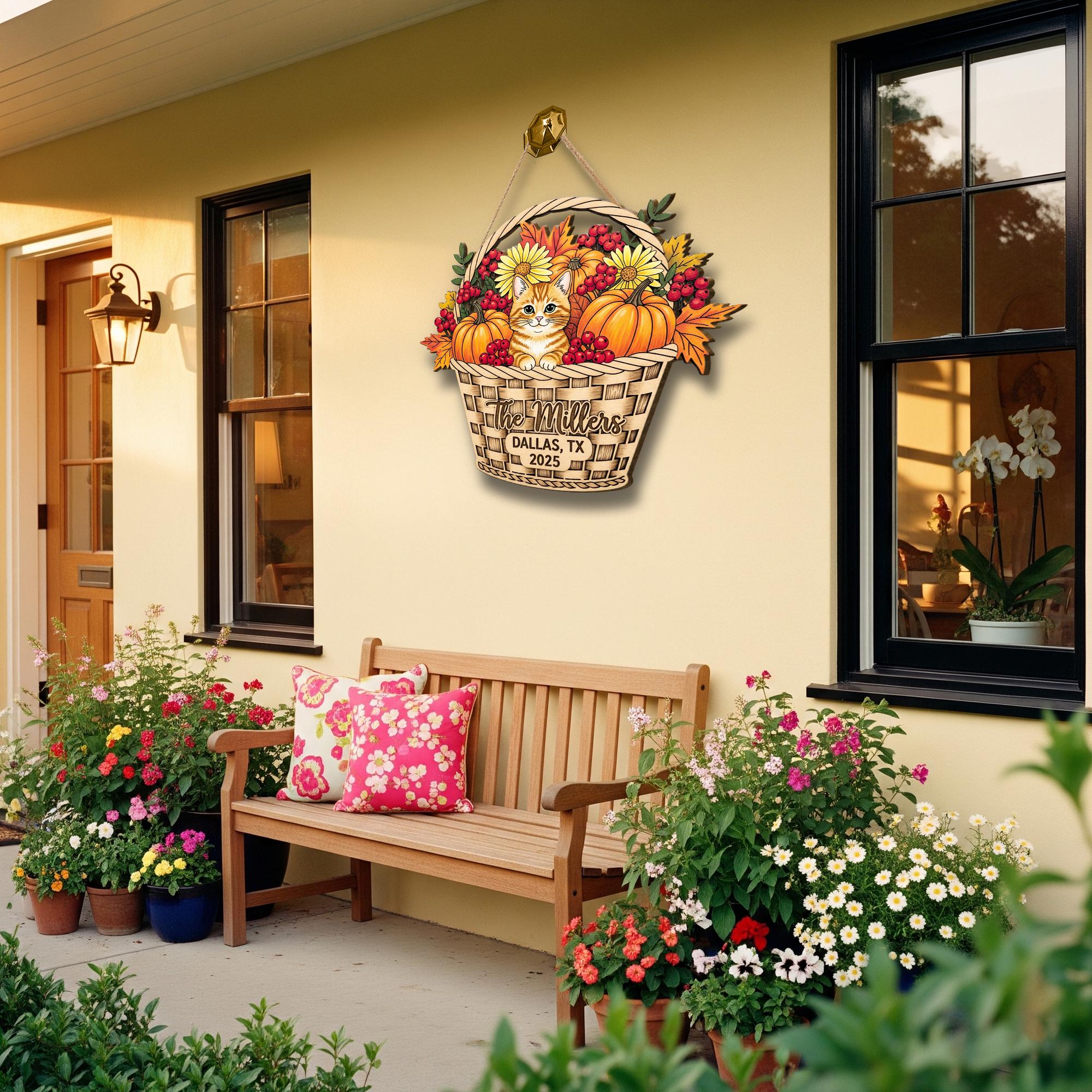 Custom Fall Cat Basket Sign – Personalized Wooden Door Hanger with Pumpkins & Flowers – Autumn Porch Decor for Family Home Gift