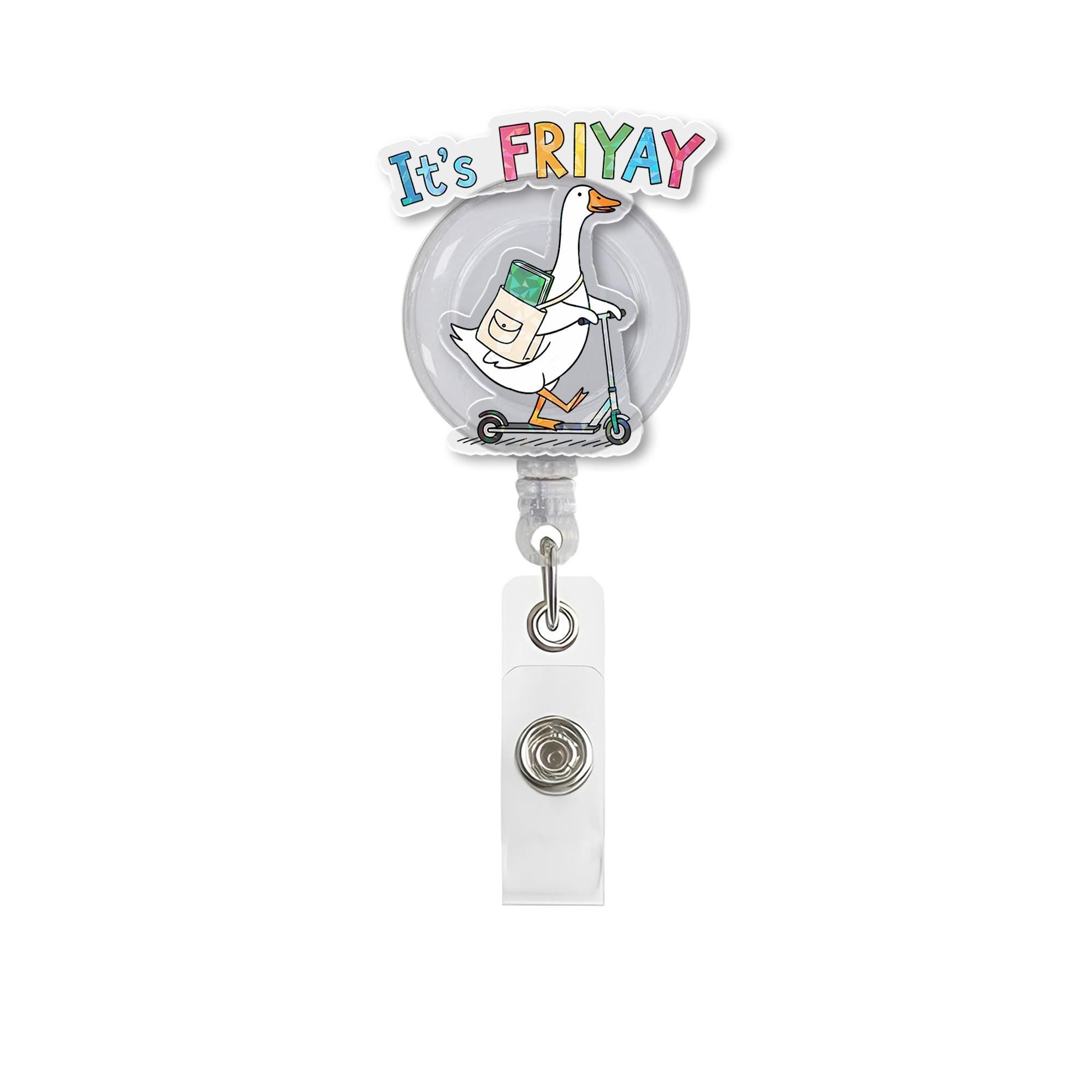 Funny Goose on Scooter Badge Reel - It's FRIYAY Retractable ID Holder for Nurses, Teachers, Students, Office Workers -Cute Animal Badge Clip