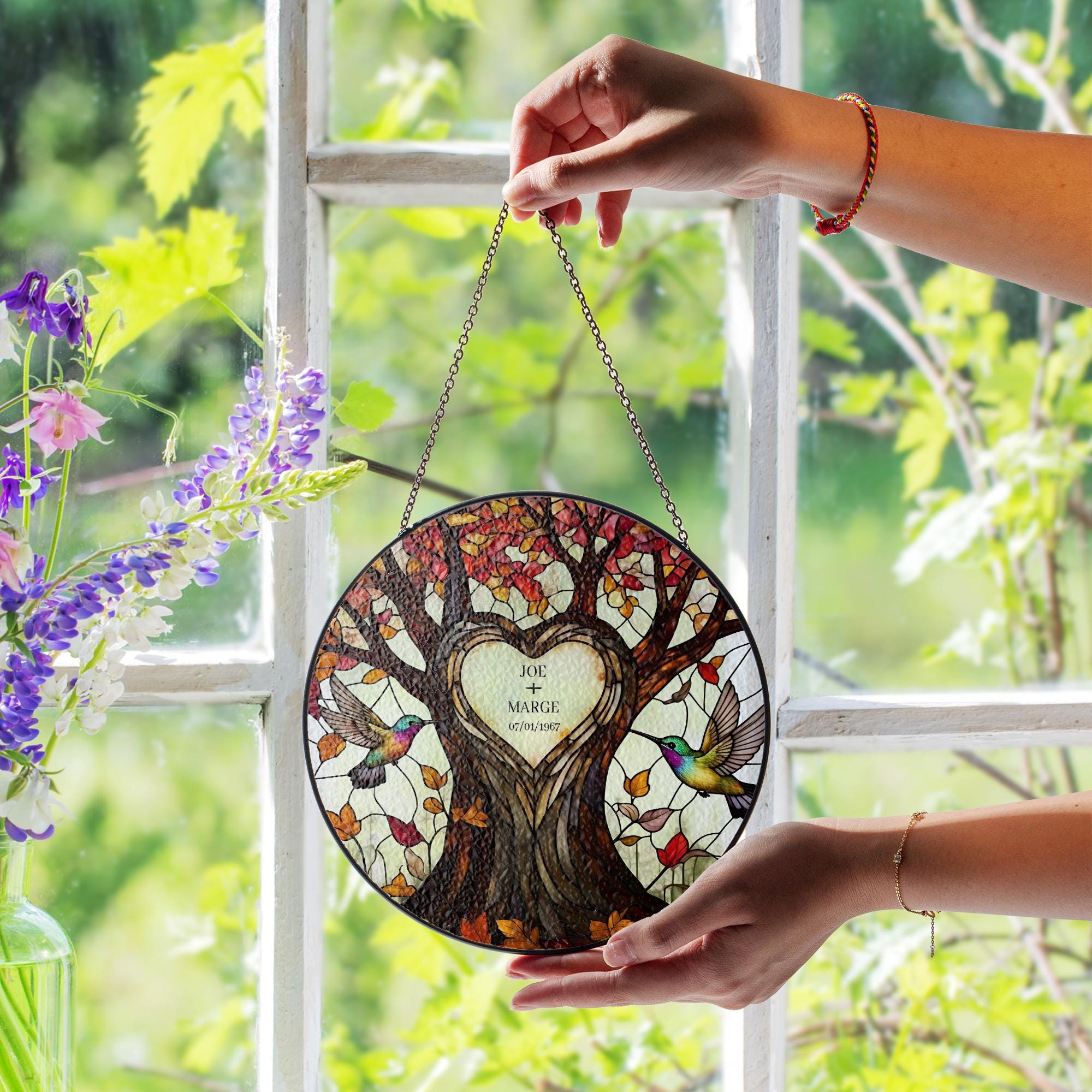 Custom Anniversary Glass Suncatcher, Heart Tree Gift, Hummingbird Decor, Anniversary Gift, Personalized Window Hanging, Couple Keepsake