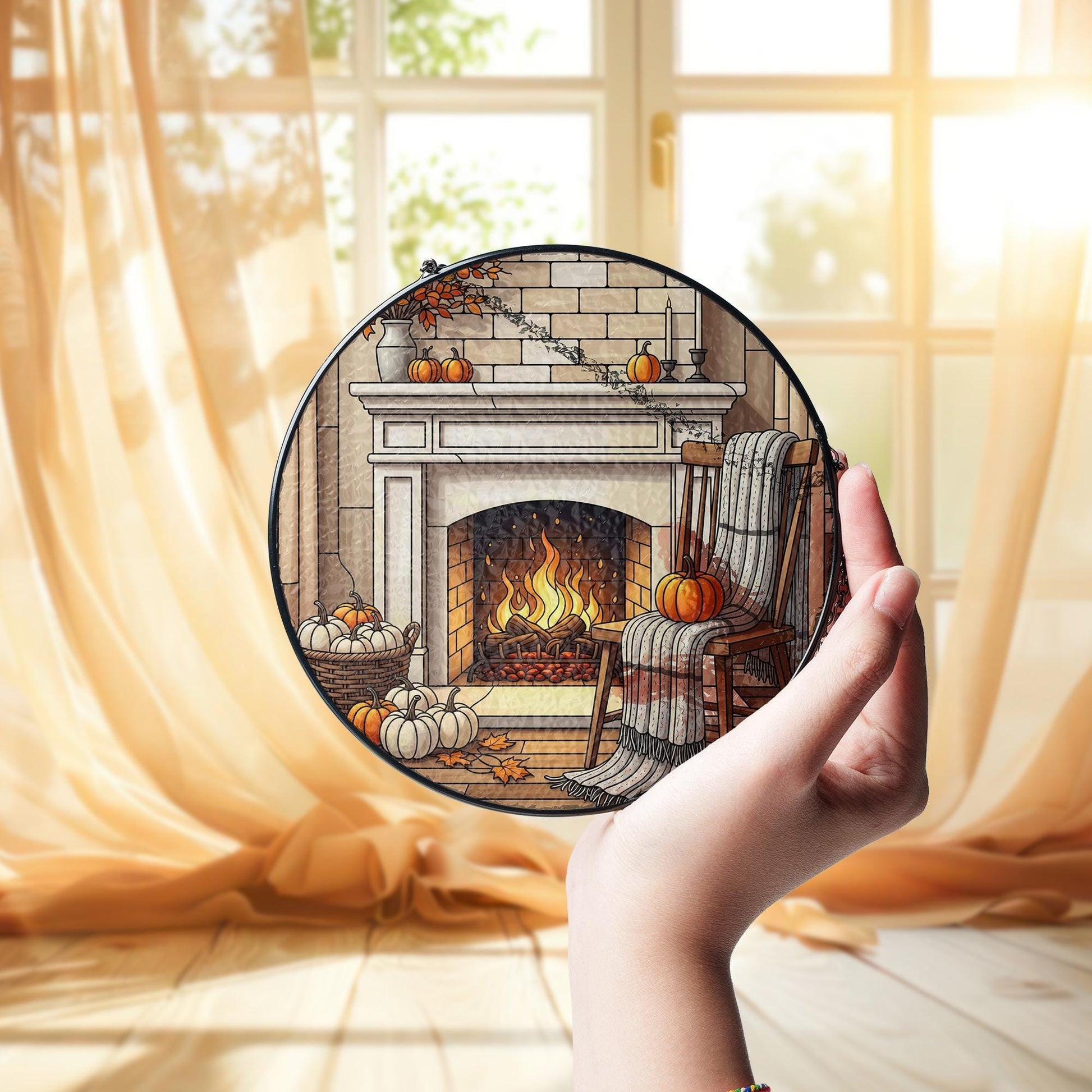 Cozy Fall Fireplace ornament | Autumn Pumpkin Stained Glass Hanging | Warm Harvest Home Decor | Seasonal Window Art