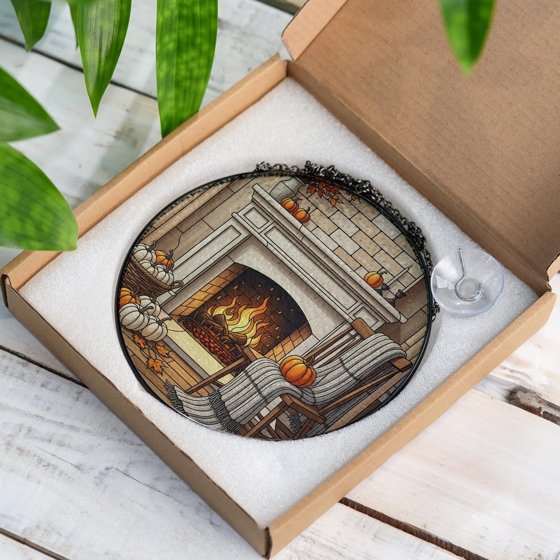 Cozy Fall Fireplace ornament | Autumn Pumpkin Stained Glass Hanging | Warm Harvest Home Decor | Seasonal Window Art