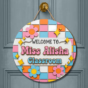 Custom Classroom Door Sign, Welcome Back to School Teacher Name Sign, Personalized Wooden Sign, Cute Decor for Teacher's Room, Retro Sign