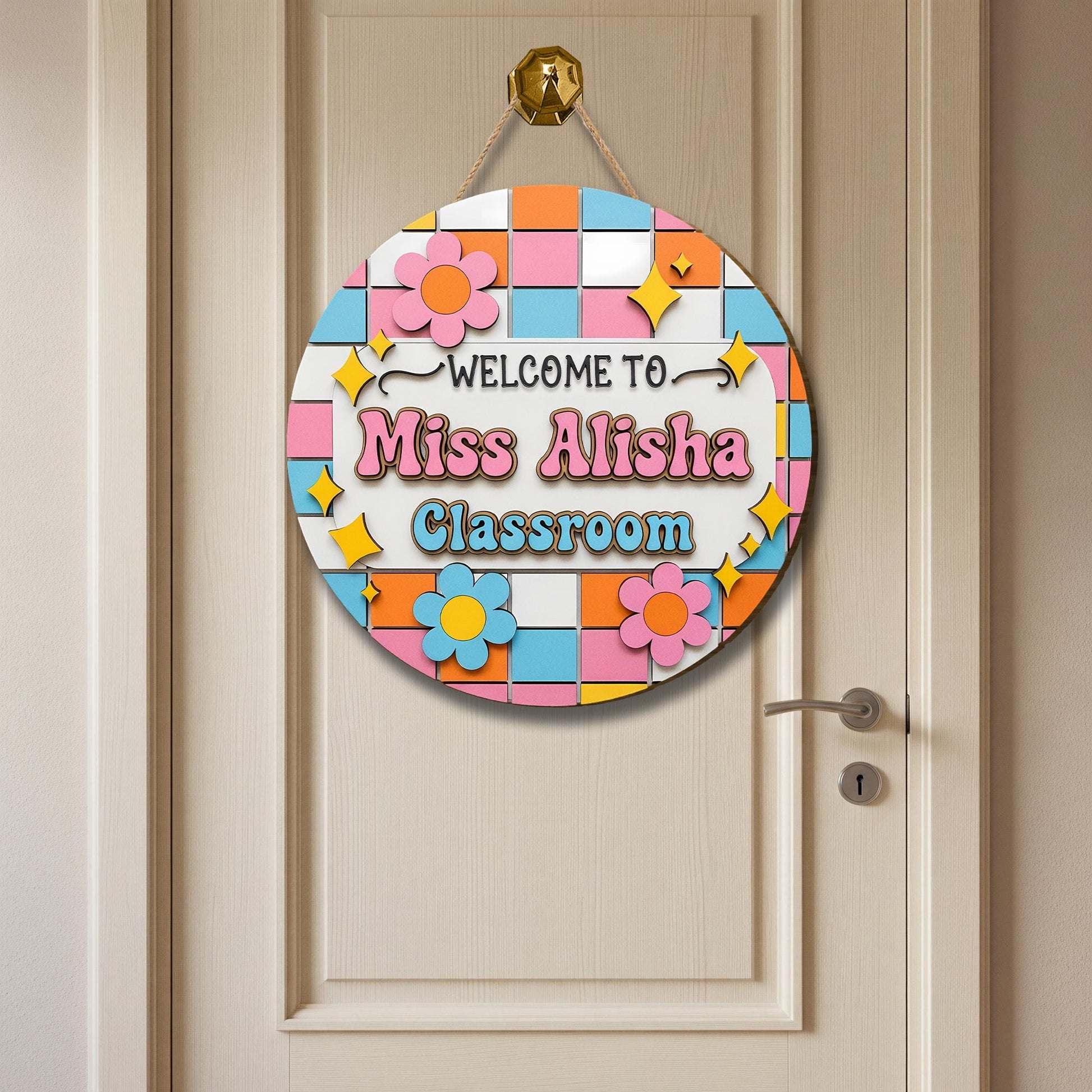 Custom Classroom Door Sign, Welcome Back to School Teacher Name Sign, Personalized Wooden Sign, Cute Decor for Teacher's Room, Retro Sign