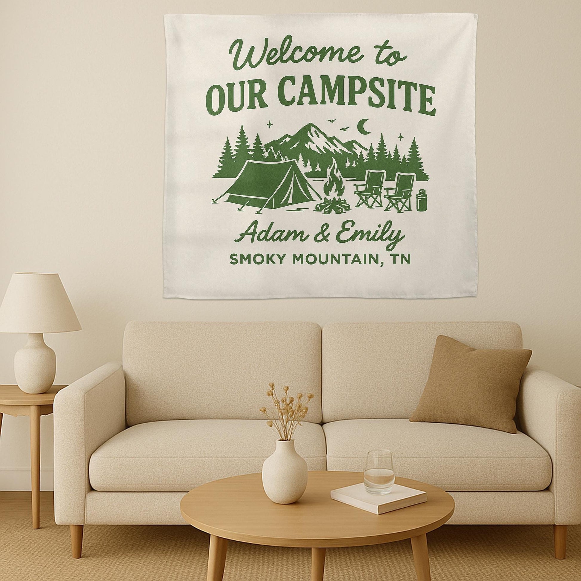 Custom Camping Tapestry – Personalized Campsite Sign Gift for Couples, Wedding or Anniversary, Outdoor Partner Camp Decor