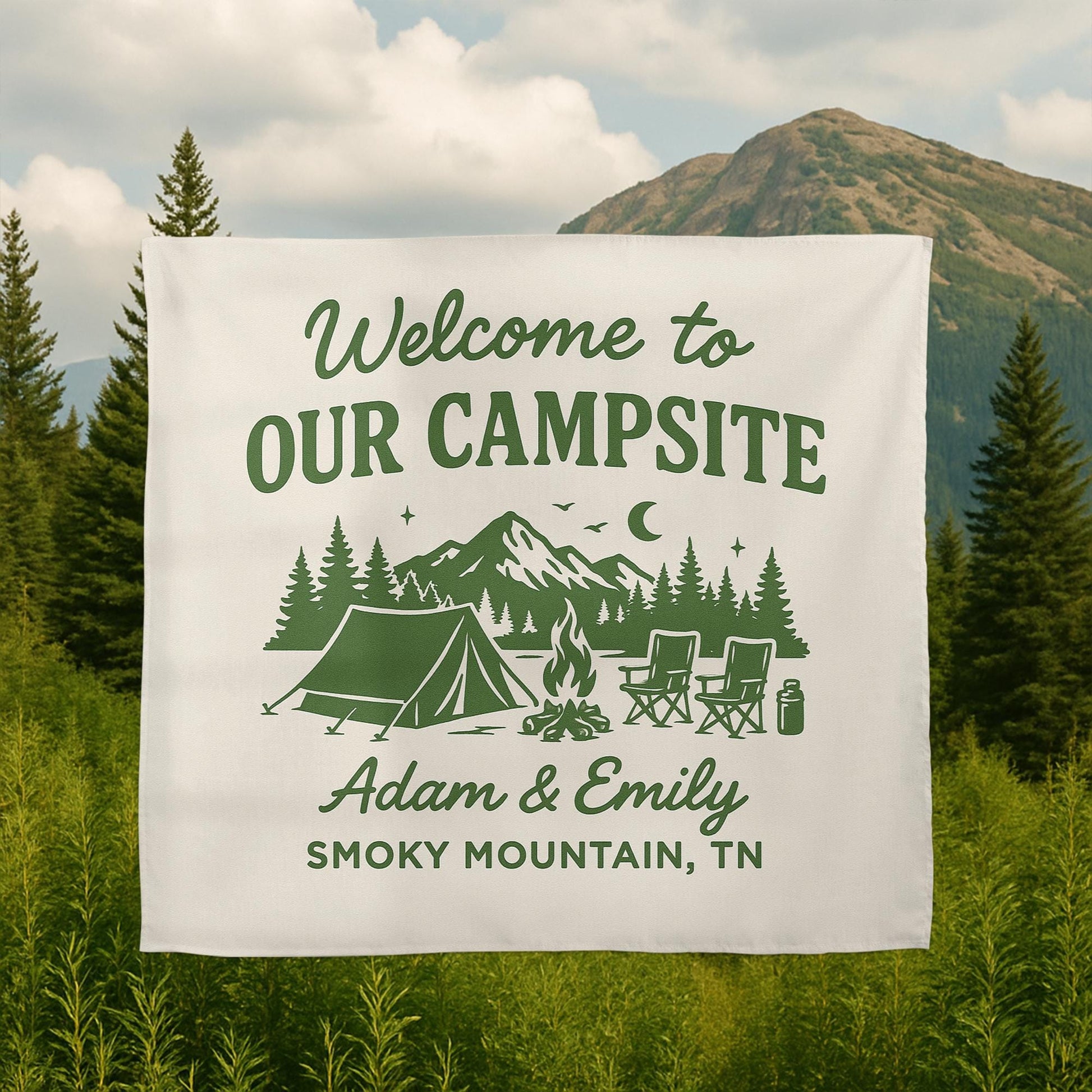 Custom Camping Tapestry – Personalized Campsite Sign Gift for Couples, Wedding or Anniversary, Outdoor Partner Camp Decor
