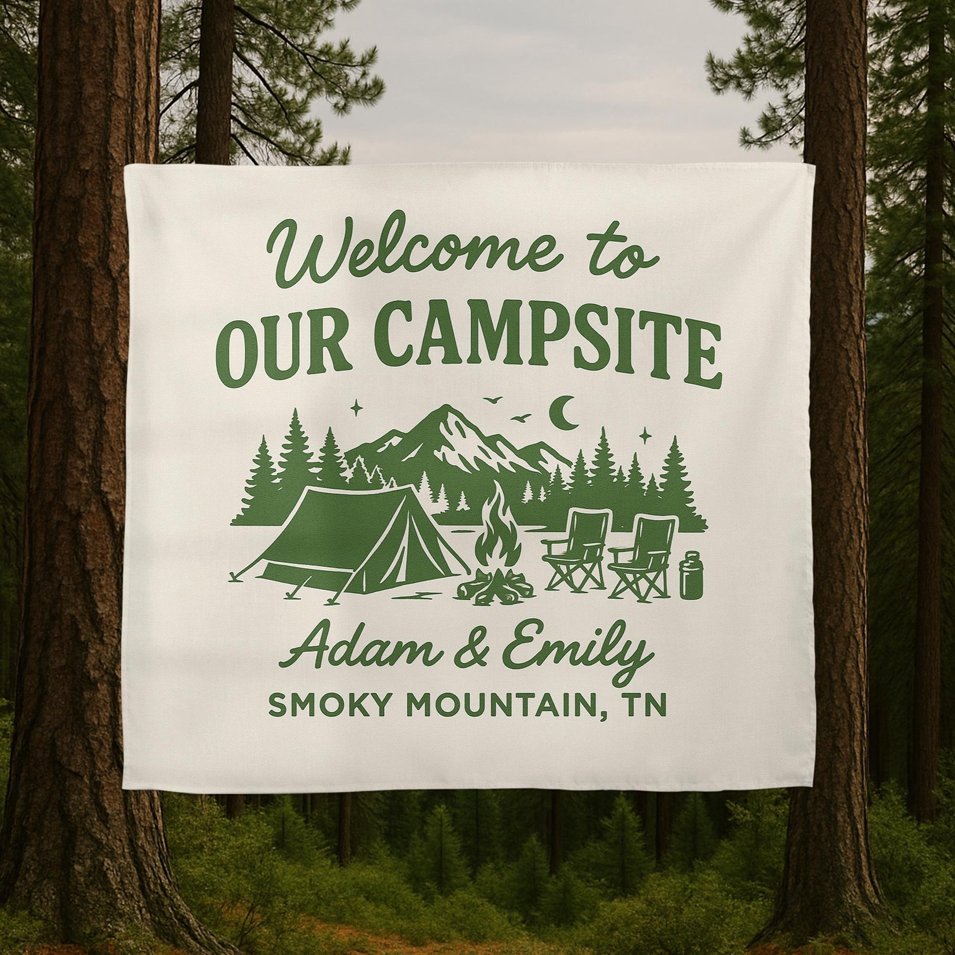 Custom Camping Tapestry – Personalized Campsite Sign Gift for Couples, Wedding or Anniversary, Outdoor Partner Camp Decor