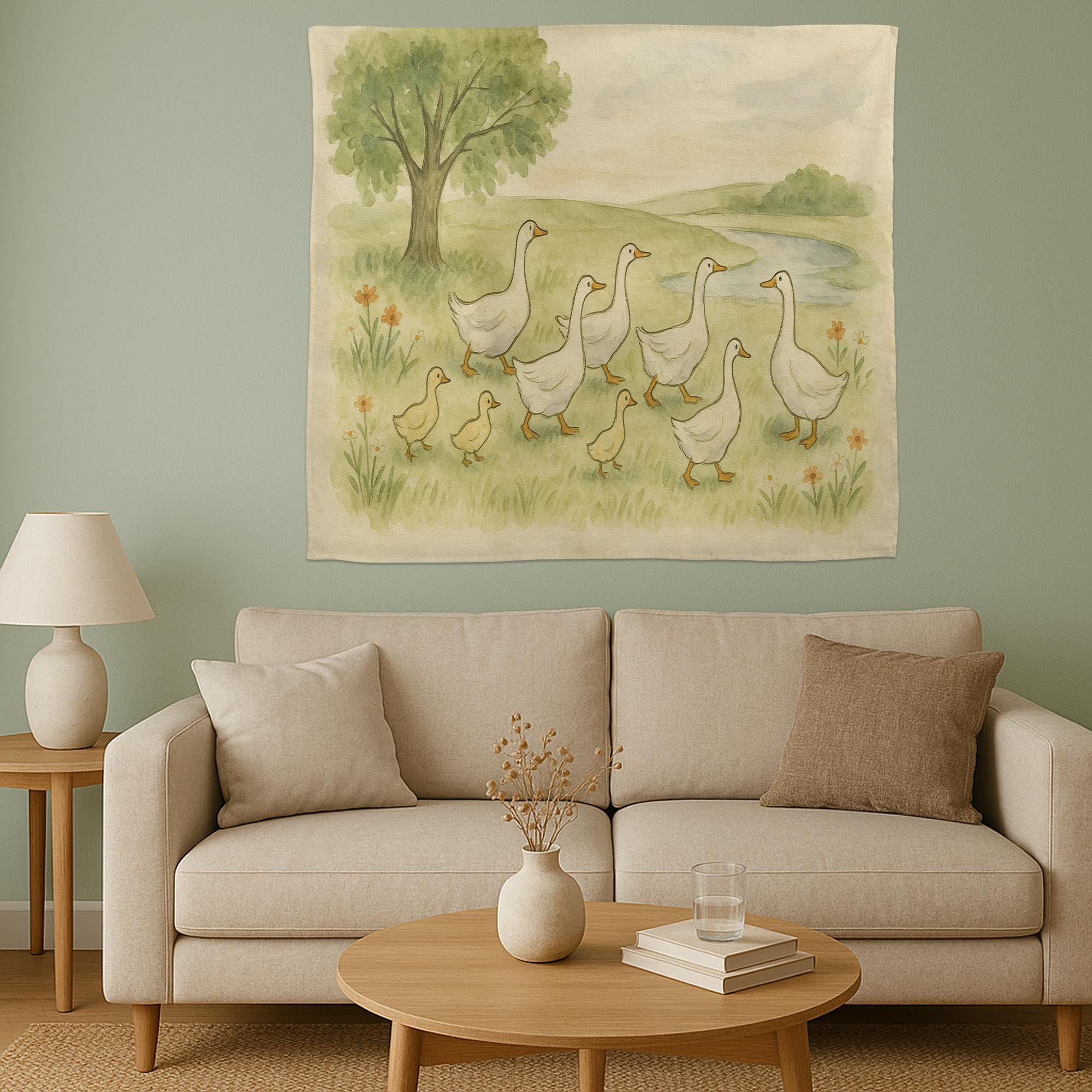 Goose Nursery Tapestry, Farm Animal Wall Art for Kids Room, Duck Family Watercolor Decor, Soft Pastel Baby Room Hanging