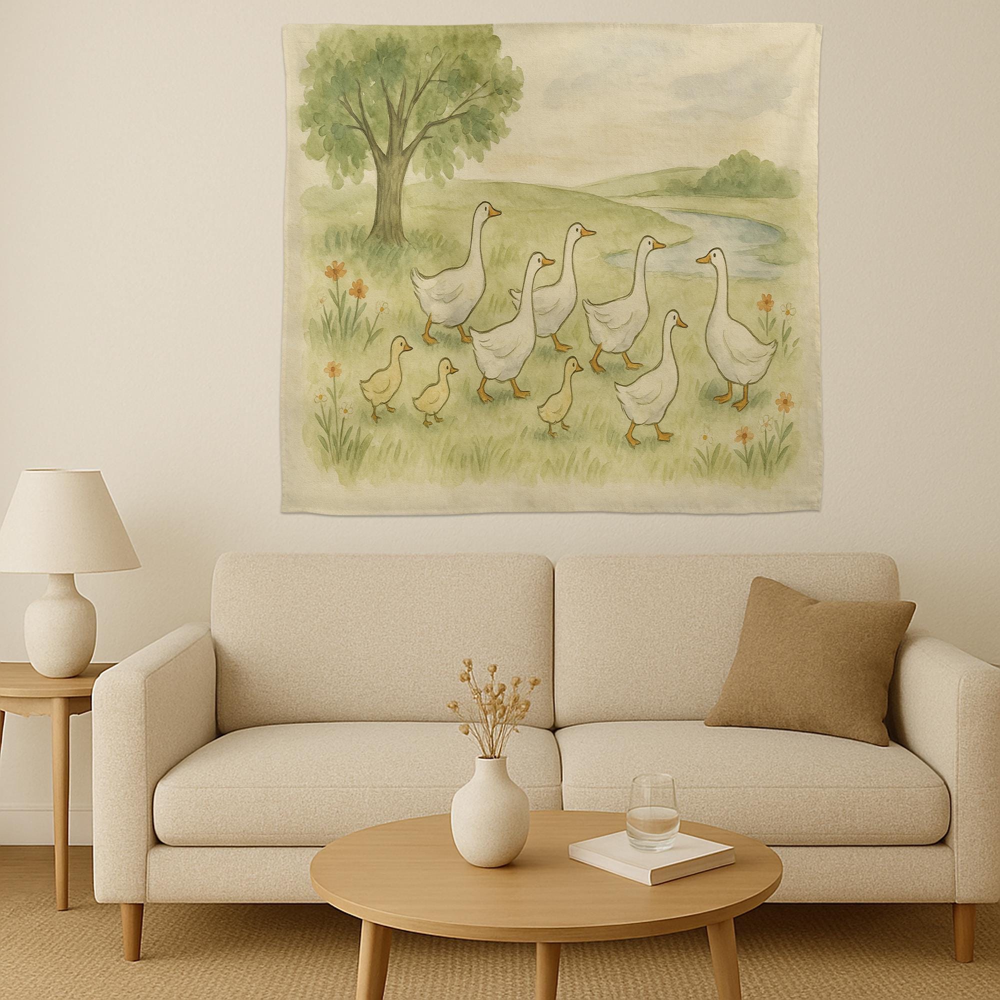 Goose Nursery Tapestry, Farm Animal Wall Art for Kids Room, Duck Family Watercolor Decor, Soft Pastel Baby Room Hanging