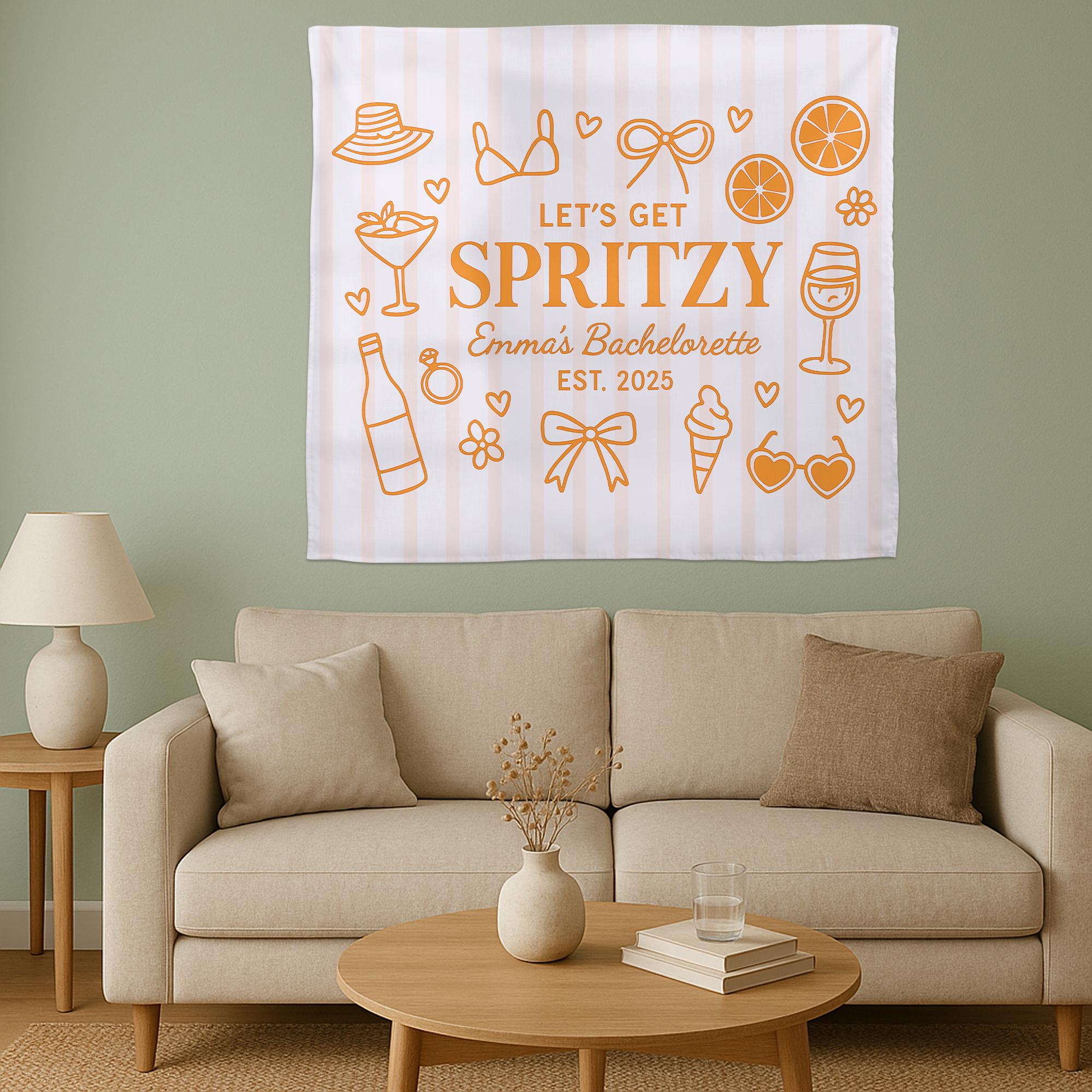 Custom Bachelorette Tapestry, Let’s Get Spritzy Banner, Personalized Bridal Party Decor, Summer Bach Weekend Wall Hanging