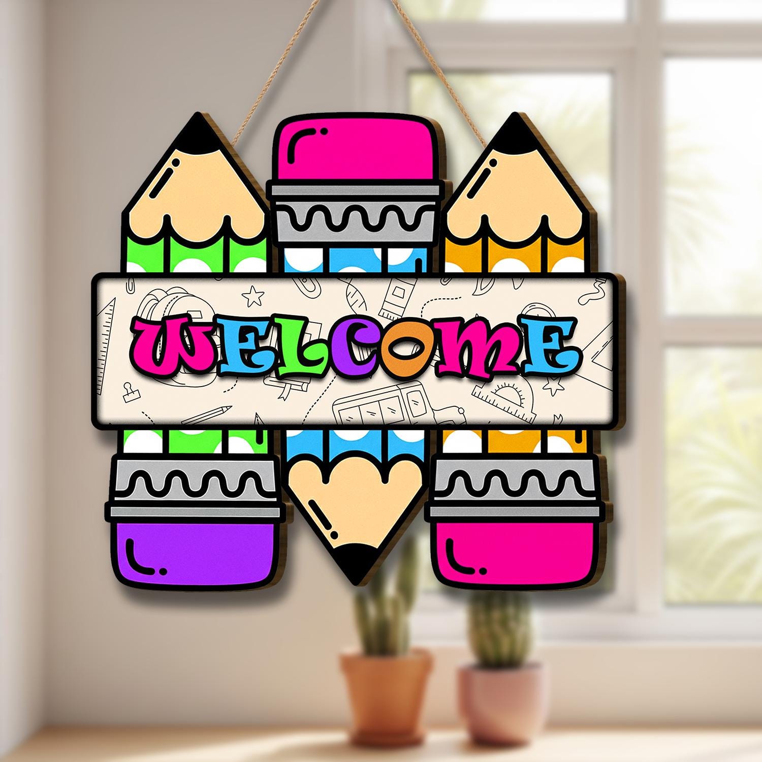 Custom Colorful Pencil Welcome Sign – Cute Classroom Door Hanger for Teachers, Back to School Decor for Preschool, Elementary, or Art Rooms